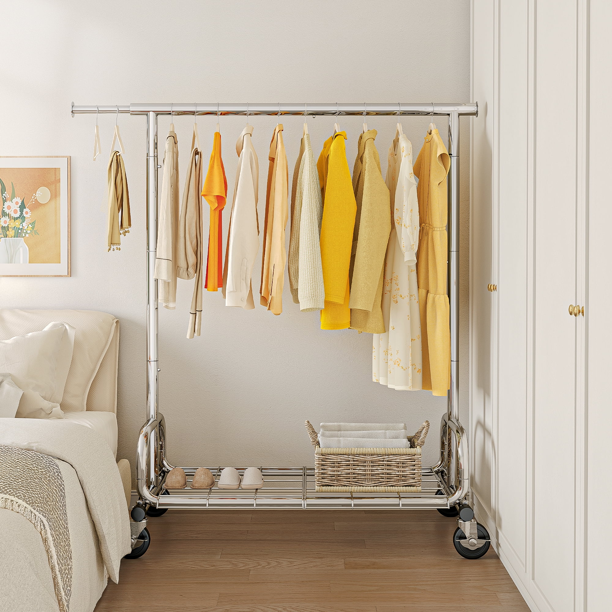 HOKEEPER Heavy Duty Rolling Garment Rack with Shelves, Commercial Grade Steel Clothes Organizer (Silver, 300 lb Capacity) 00wez