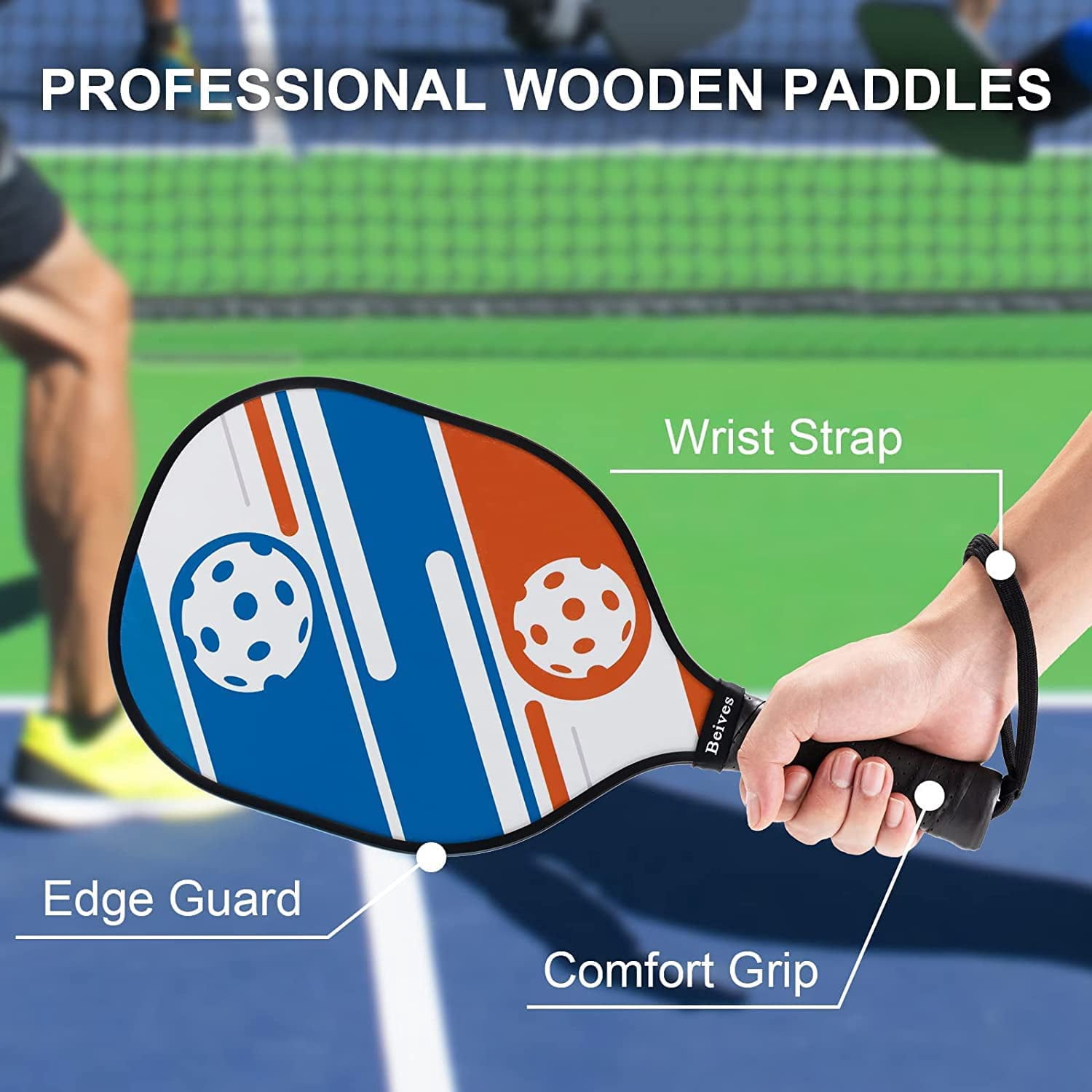 BEIVES Wood Pickleball Paddles Set of 4 (Durable 7-Ply Basswood, Comfortable Grip, Includes Indoor Outdoor Balls & Carrying Bag) ib26t