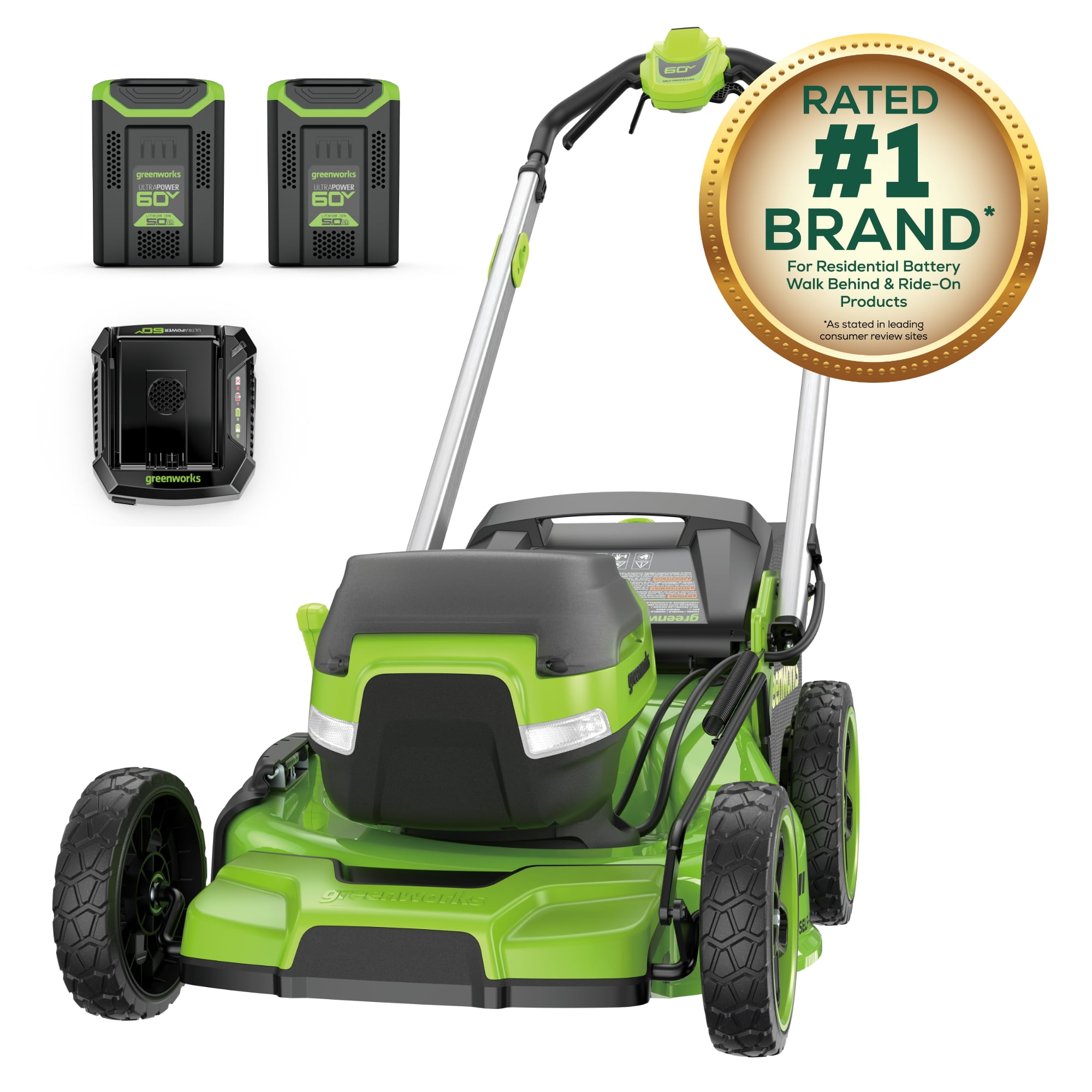 Greenworks 60V 21 in Self-Propelled Lawn Mower with (2) 5.0 Ah Batteries and Rapid Charger (Green, 21 in) hnp67