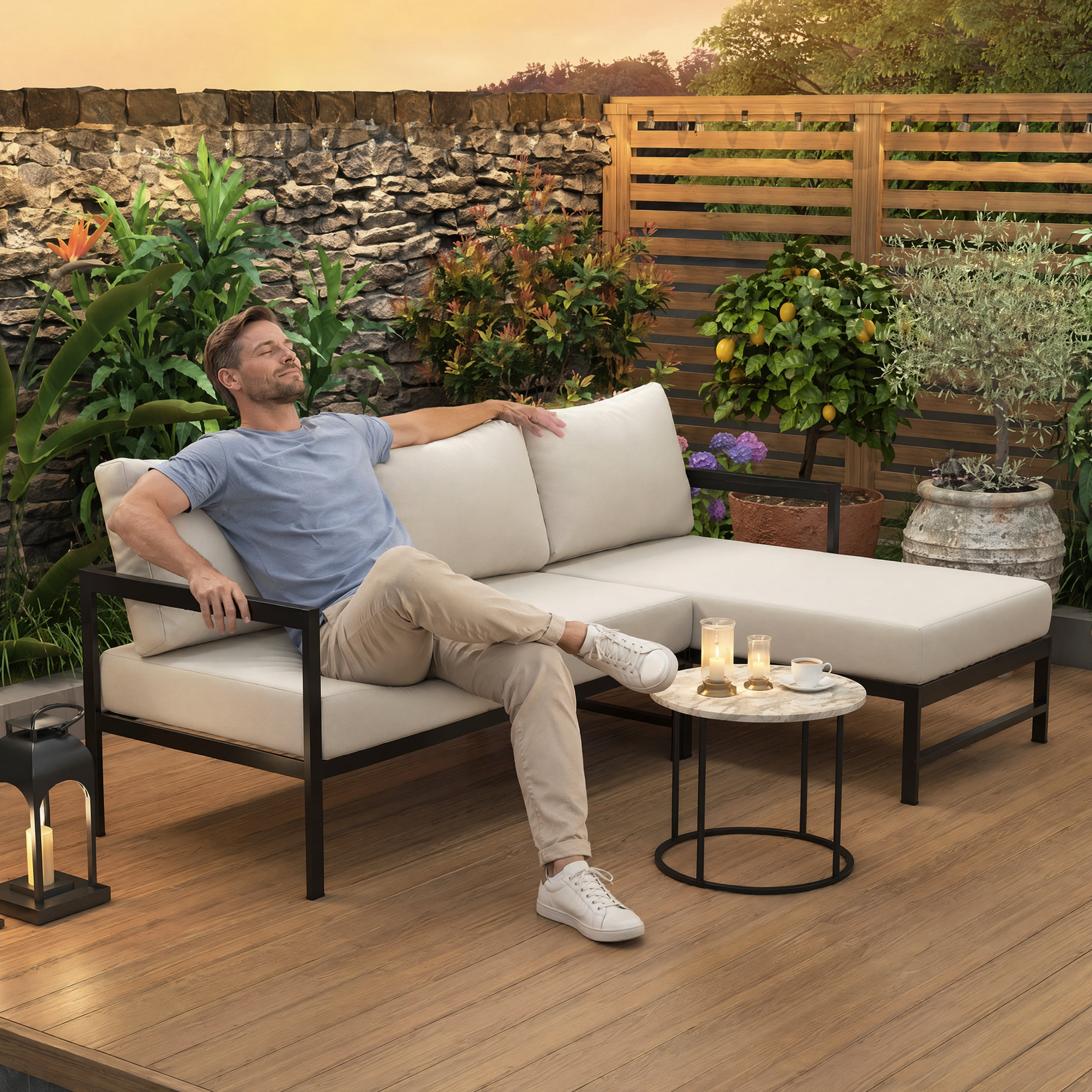 Cozynest L-Shaped Outdoor Patio Sofa Set, Weather-Resistant Iron Frame Sectional Couch with 5.9 in Thick Cushions (Beige, 3-Seat) 67d8m