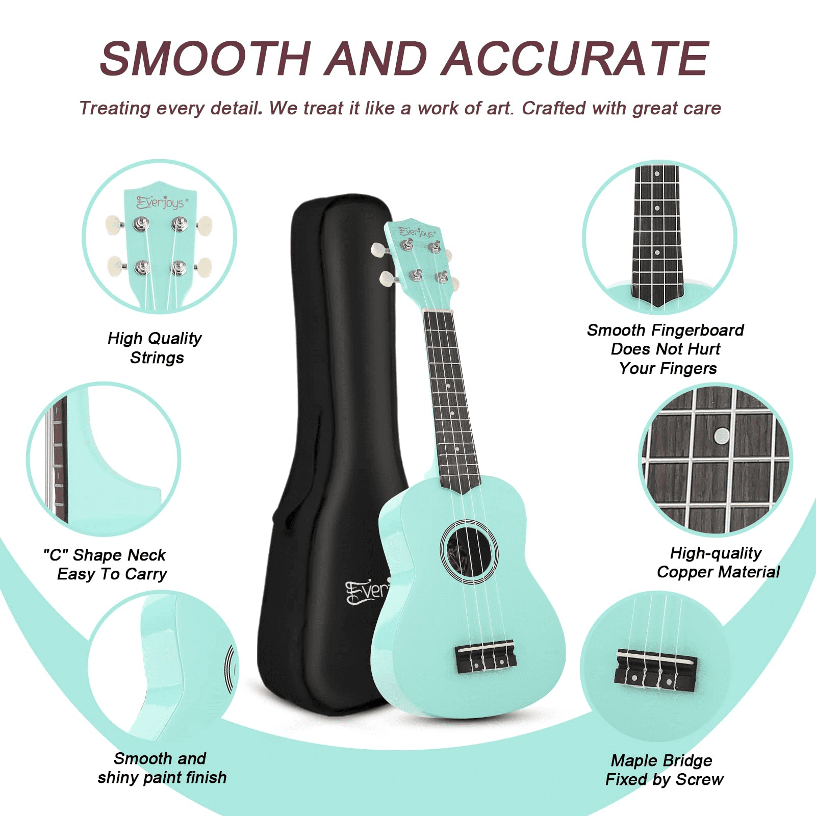 Everjoys 21 in Soprano Ukulele Beginner Kit with Gig Bag and Digital Tuner (Green, 21 in) 2ddo4