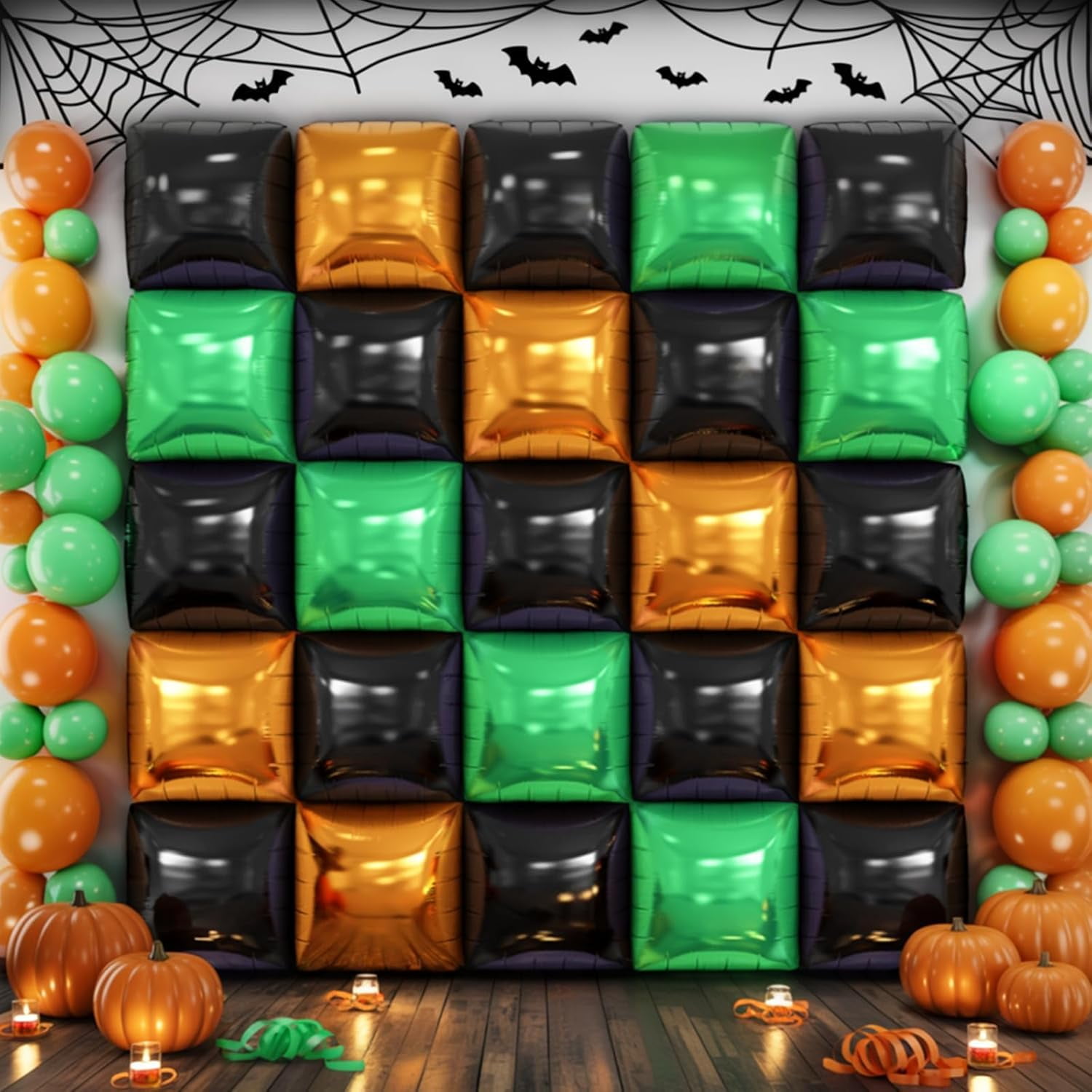 Party Decor Square Foil Balloon Wall Kit (Black, Orange, Green, 25-Piece Set) zb6ju