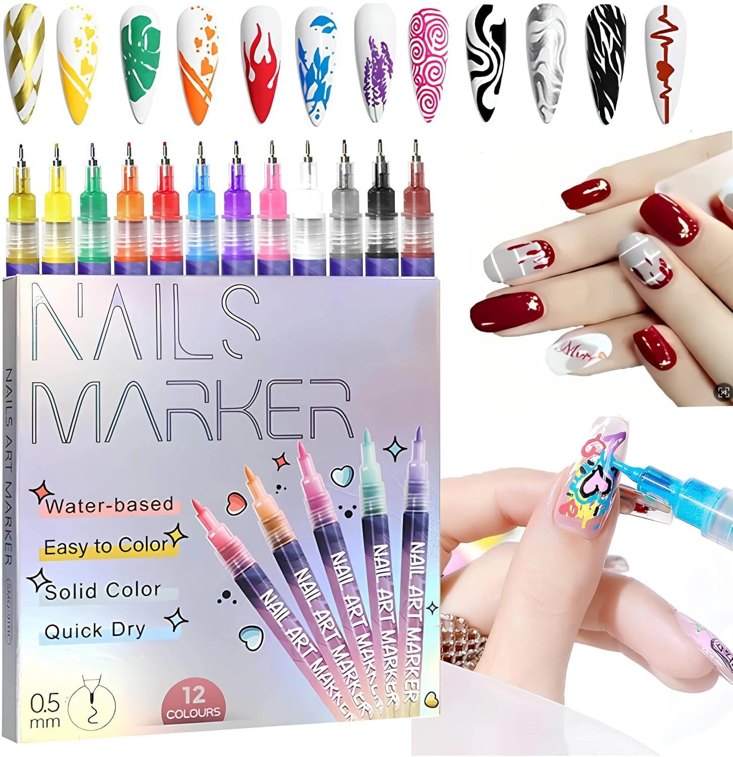 ASOVNXF Nail Art Pens Set, Precision Fine Tip Markers for DIY Manicure Designs (12 Colors, 0.5mm Point) ktjjd
