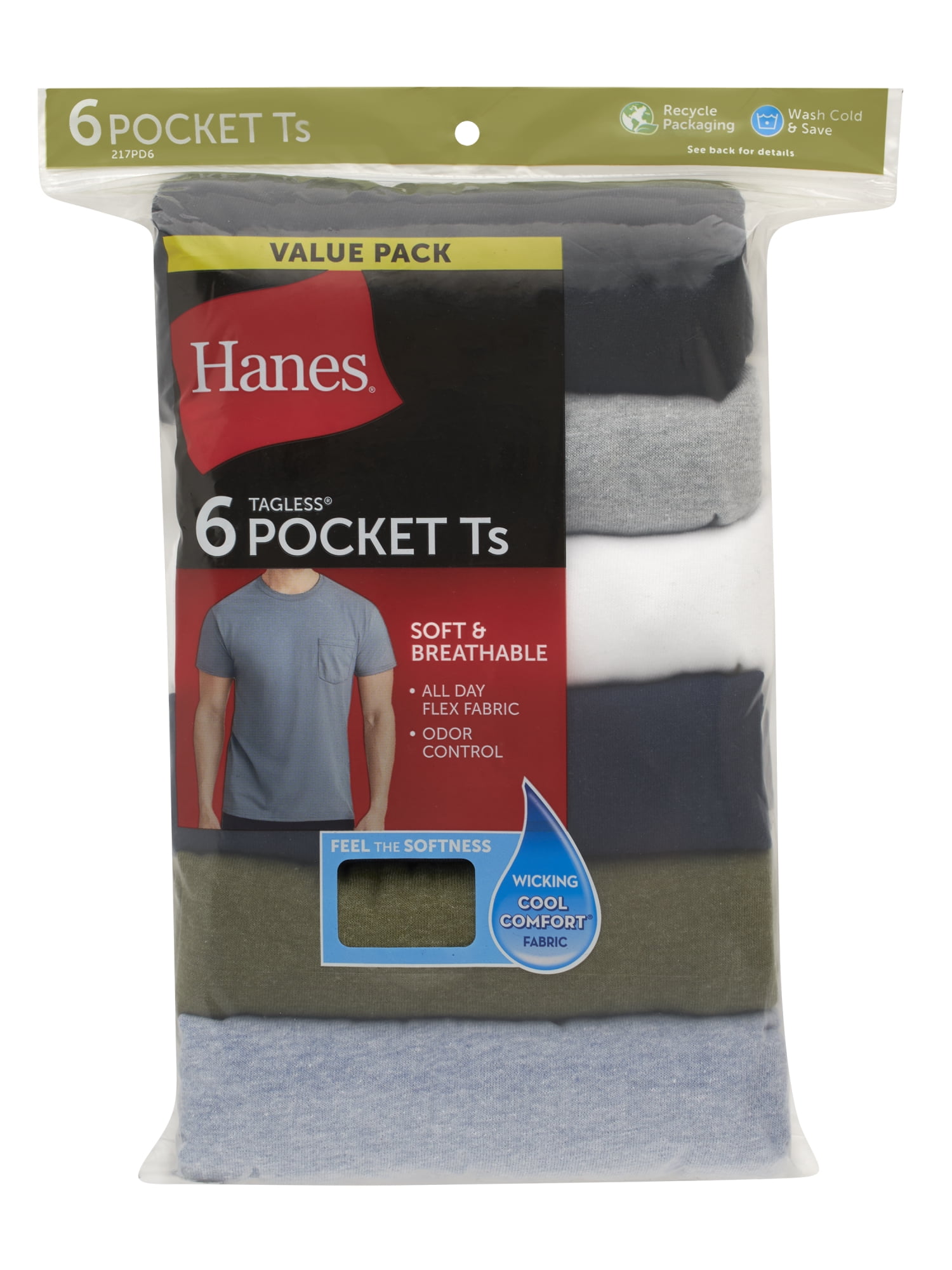 Hanes Men's Pocket T-Shirt Undershirts Moisture-Wicking Crew Neck (Grey, XL, 6 Pack) vad4h