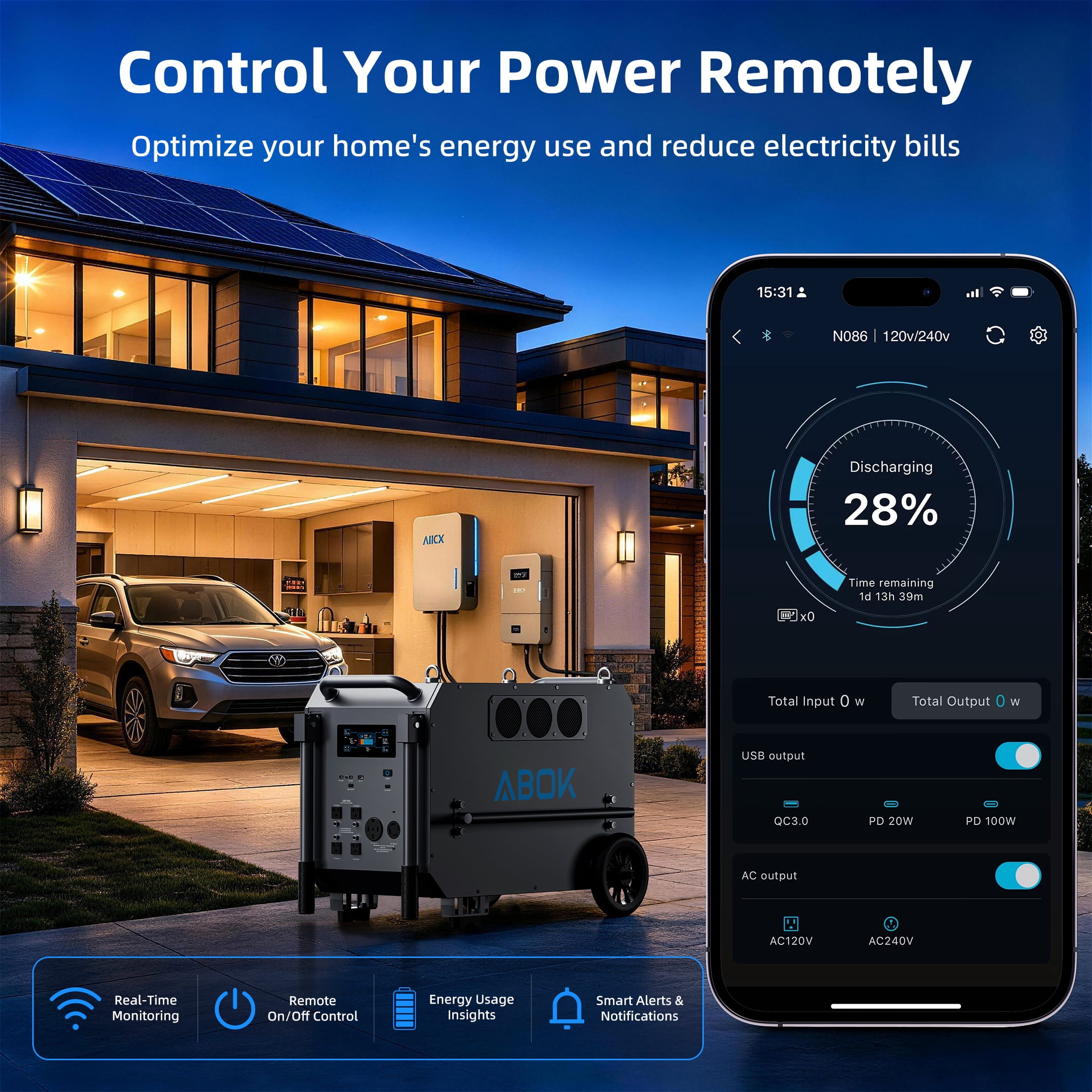 ABOK Ark7200 Portable Power Station, 7200W Solar Generator with 9792Wh LiFePO4 Battery, 120V/240V Split-Phase Backup for Home and RV (Black, 9792Wh) 13riy
