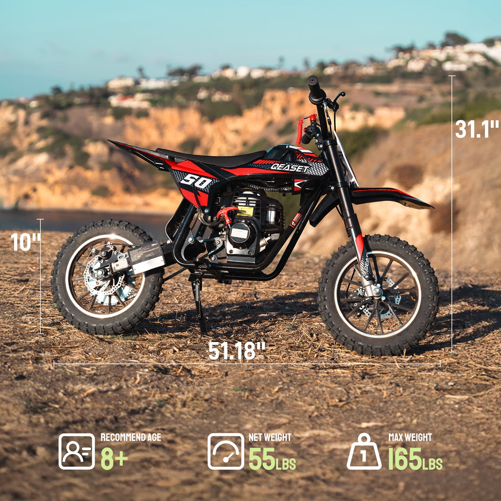 QEASET Gas Dirt Bike 4-Stroke Mini Motorcycle for Teens and Adults (Red, 330 lb Capacity) nta3x