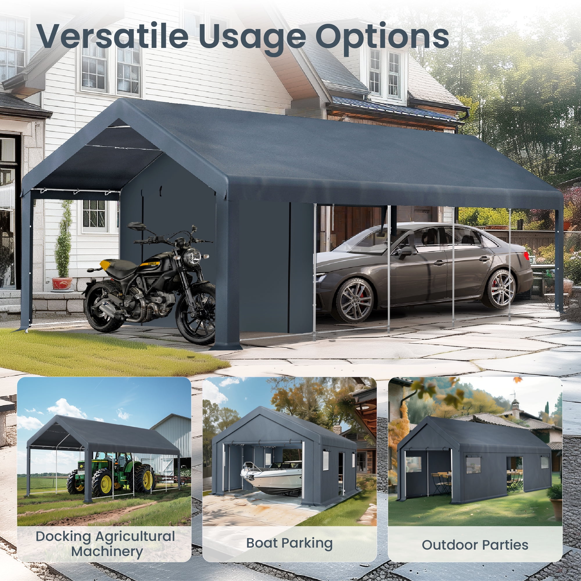 Summit Living Portable Carport Outdoor Storage Shelter with Removable Sidewalls (13 ft x 24 ft x 9.6 ft) dw7rt