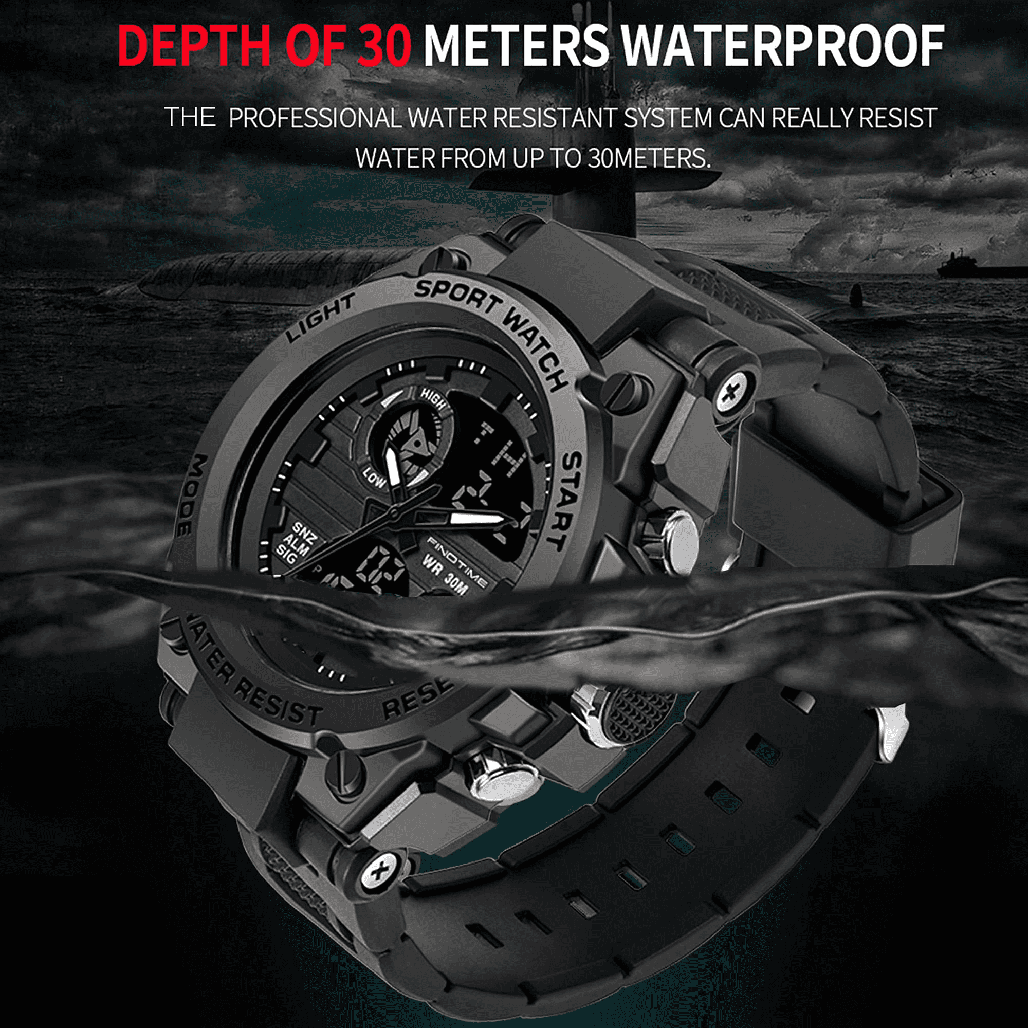 Findtime Men's Military Tactical Digital Analog Watch Waterproof Outdoor Sports Wristwatch (Black, 2 in) v3kwd