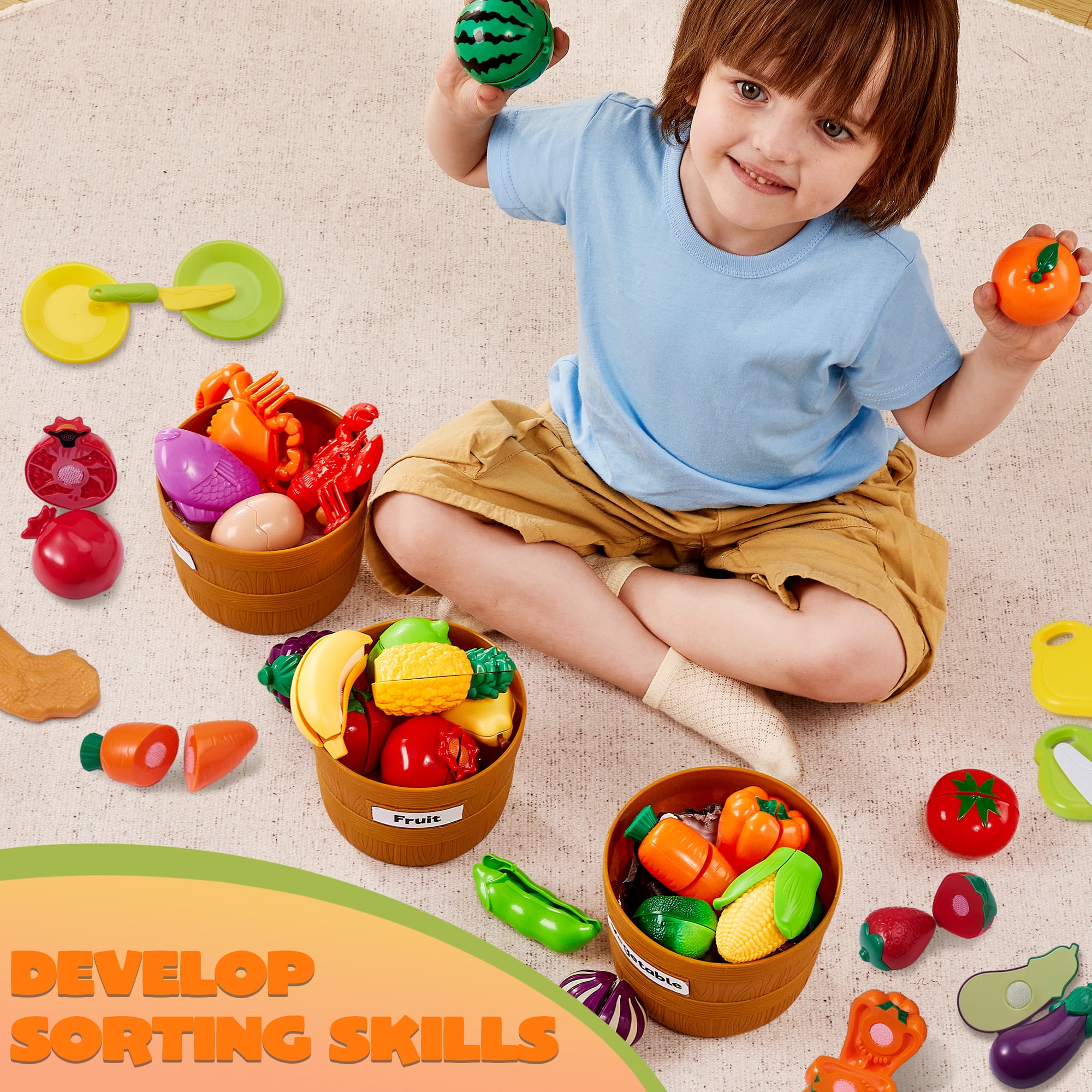 Joyfy 69-Piece Pretend Play Food Set for Kitchen, Educational Color Sorting & Cutting Toy (69 Pieces) angv4