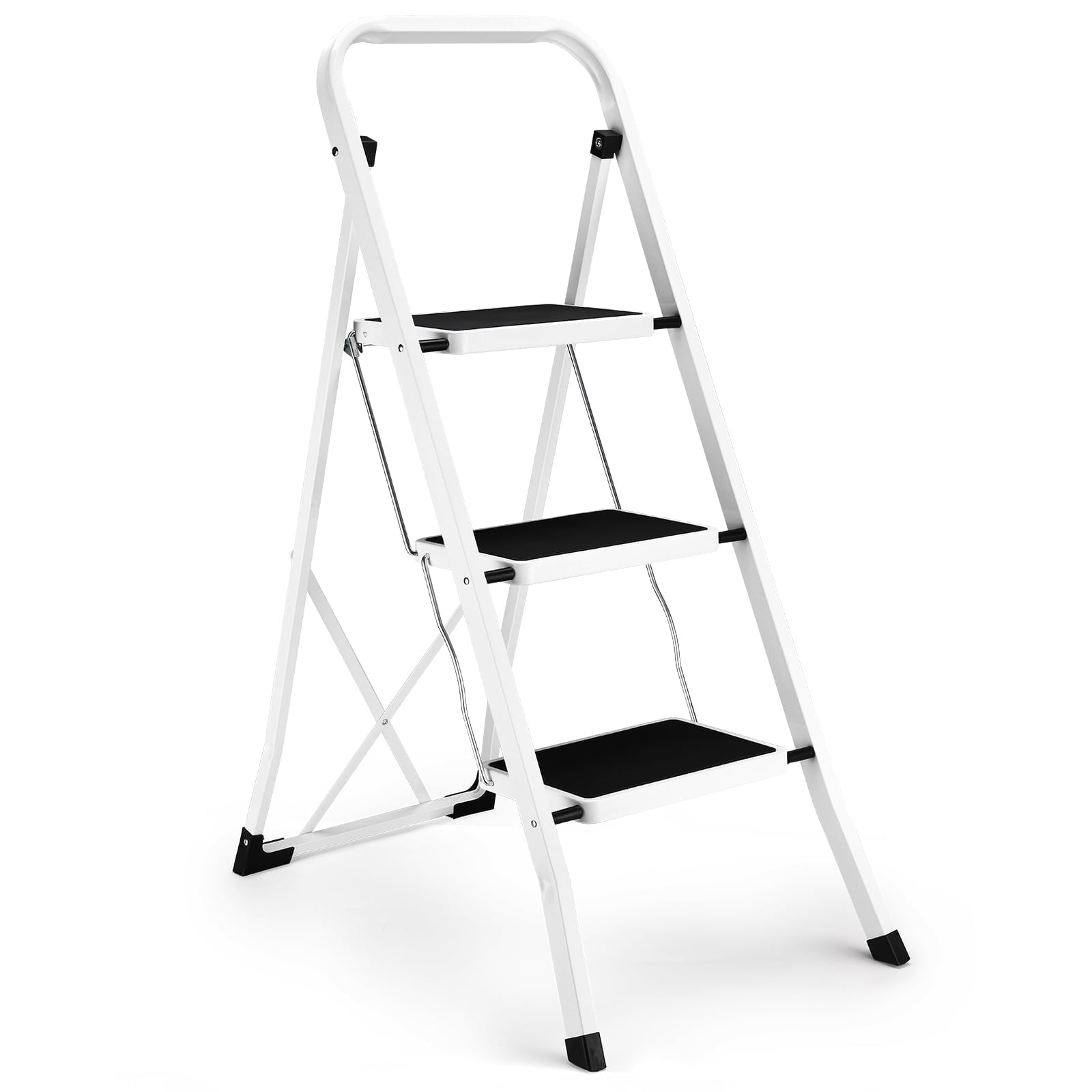 HBTower 3 Step Ladder, Folding Step Stool with Anti-Slip Pedals and Handrails, Heavy-Duty Steel Frame (White, 330 lb Capacity) ydqro