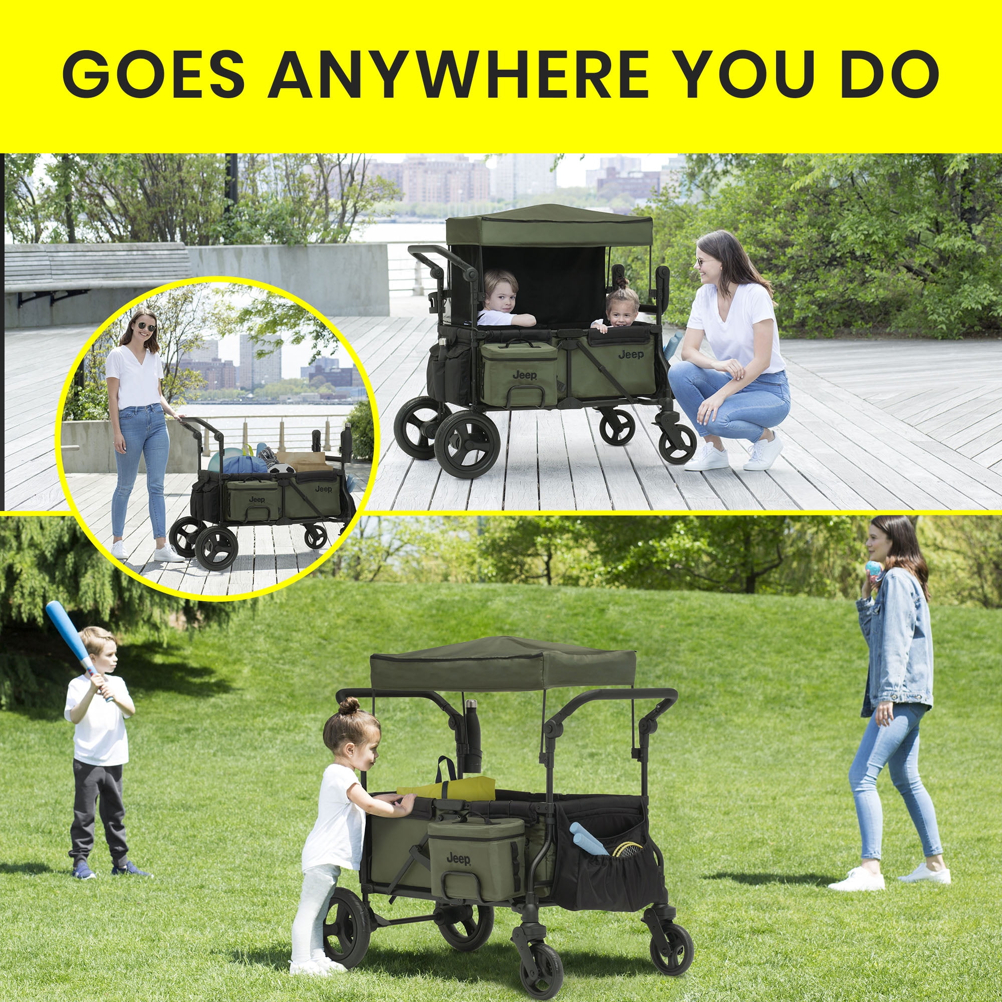 Jeep Deluxe Wrangler Wagon Stroller for 2 Kids, All-Terrain Wheels, Cooler Bag & Canopy (Green, 46 in L x 29 in W x 46 in H) i5nvc
