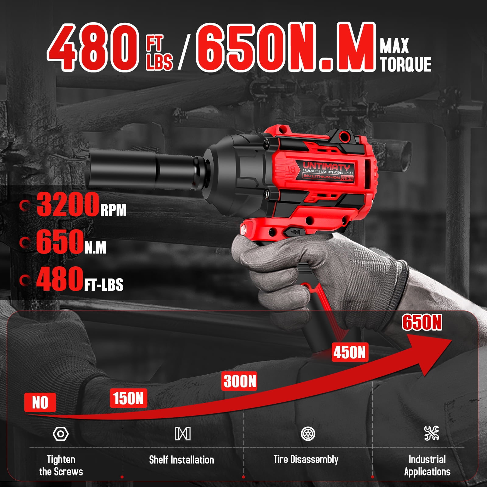 UNTIMATY Brushless Impact Wrench 1/2-inch Cordless Power Tool Set with 4.0Ah Battery (Red, 23-Piece Kit) zcqgl