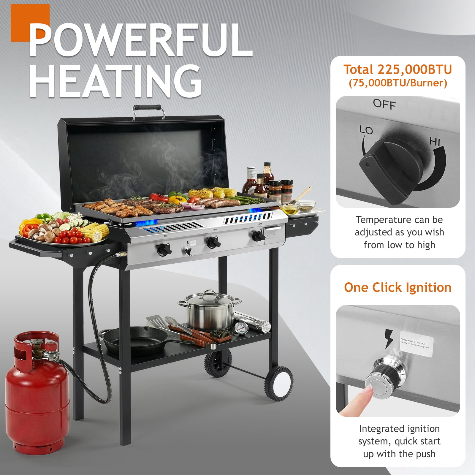 Zintown 3-Burner Outdoor Propane Gas Griddle with Portable Pan and Lid (Black, 58 in x 16.5 in x 51.5 in) r2sfz