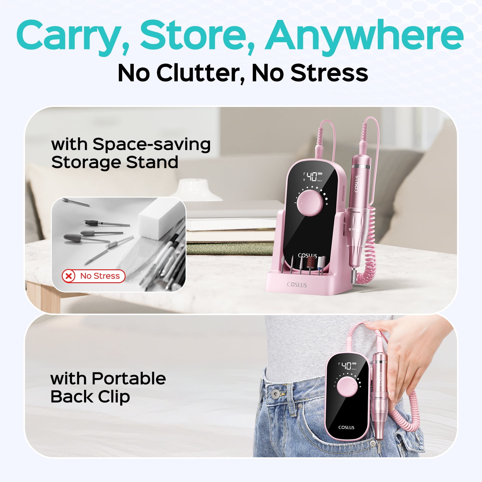 COSLUS Electric Nail Drill, 40000 RPM Portable Nail File with Storage Stand for Acrylic and Gel (Pink, 1 Unit) tqcfp