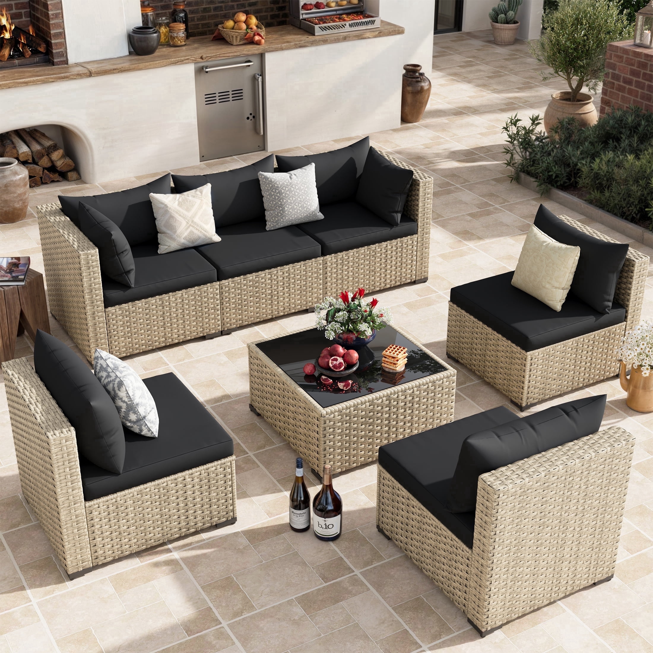 POTEBAN 7-Piece Outdoor Sectional Wicker Patio Conversation Set (Black Cushions, Gray Rattan) 32r6m