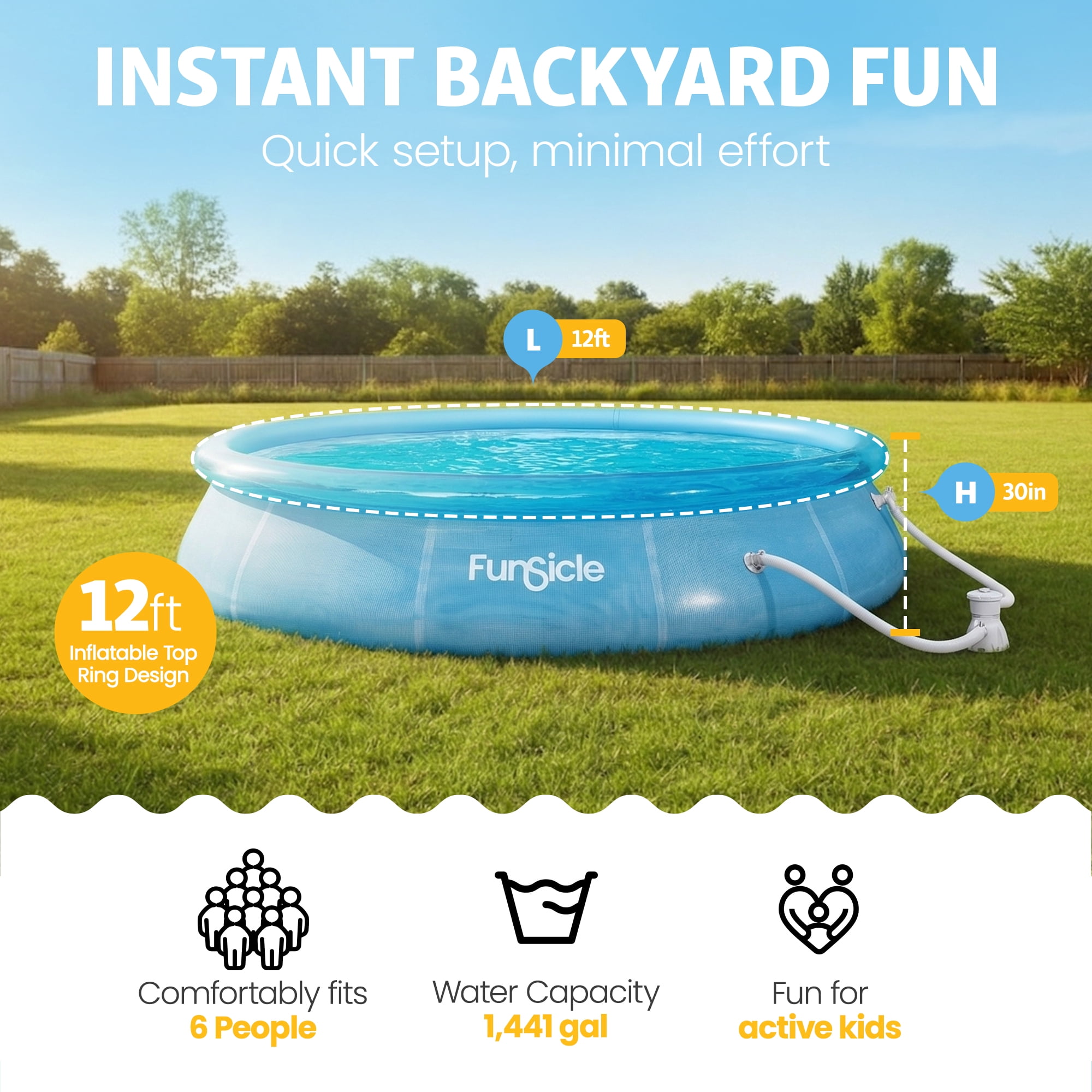 Funsicle Round Sea-Thru QuickSet Above Ground Pool with Filter Pump (Blue, 12 ft x 30 in) qsje7