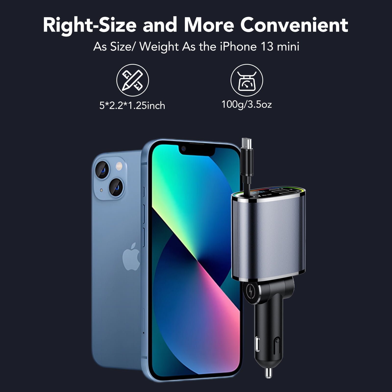 Tikland 4-in-1 Retractable Car Charger, 78W Fast Charging USB-C Adapter with 2.6ft Cord (Black) v0nuw