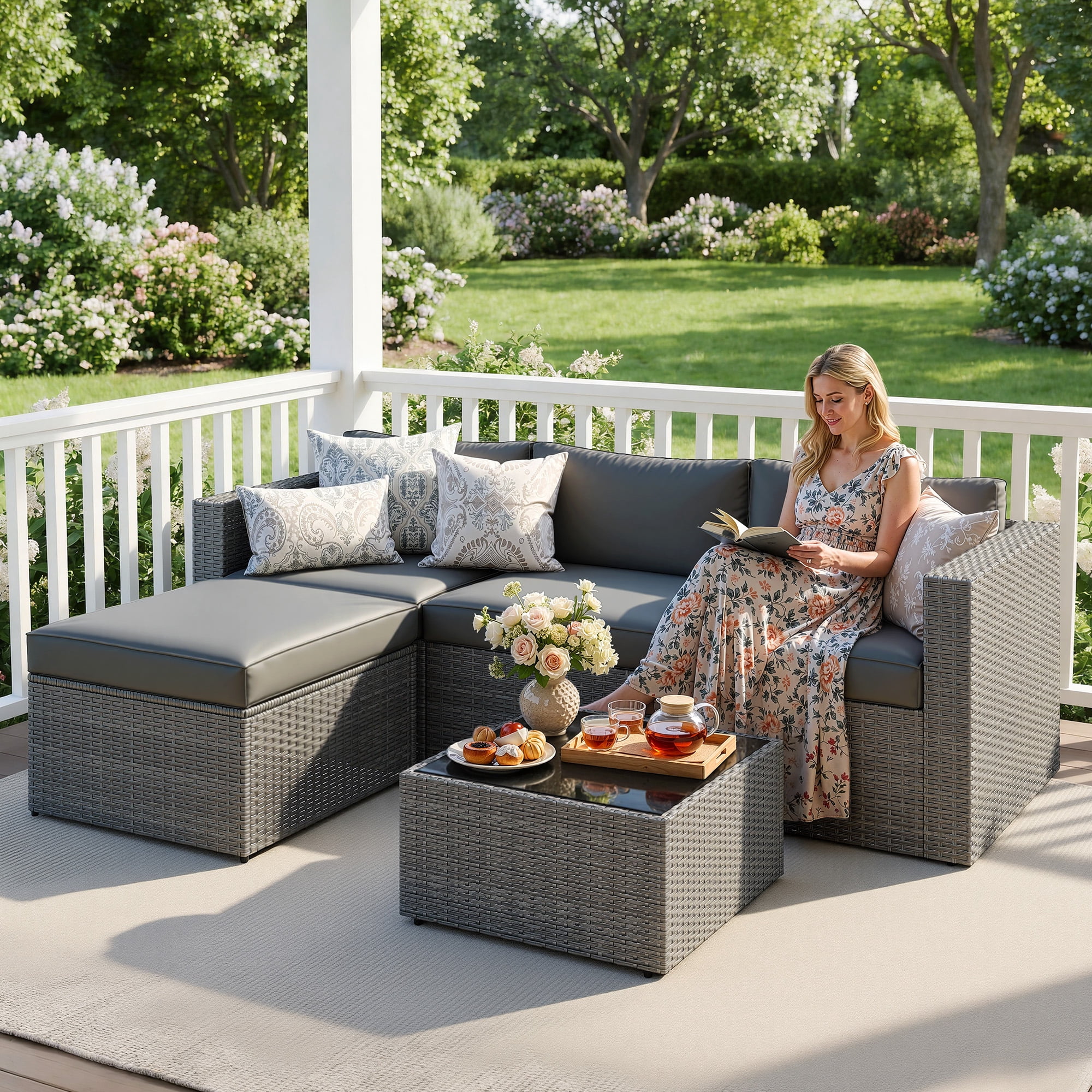 Cozy Home 5-Piece Patio Rattan Furniture Set, Outdoor Sectional Sofa with Ottoman and Coffee Table (Grey, 5-Piece Set) bnnyk