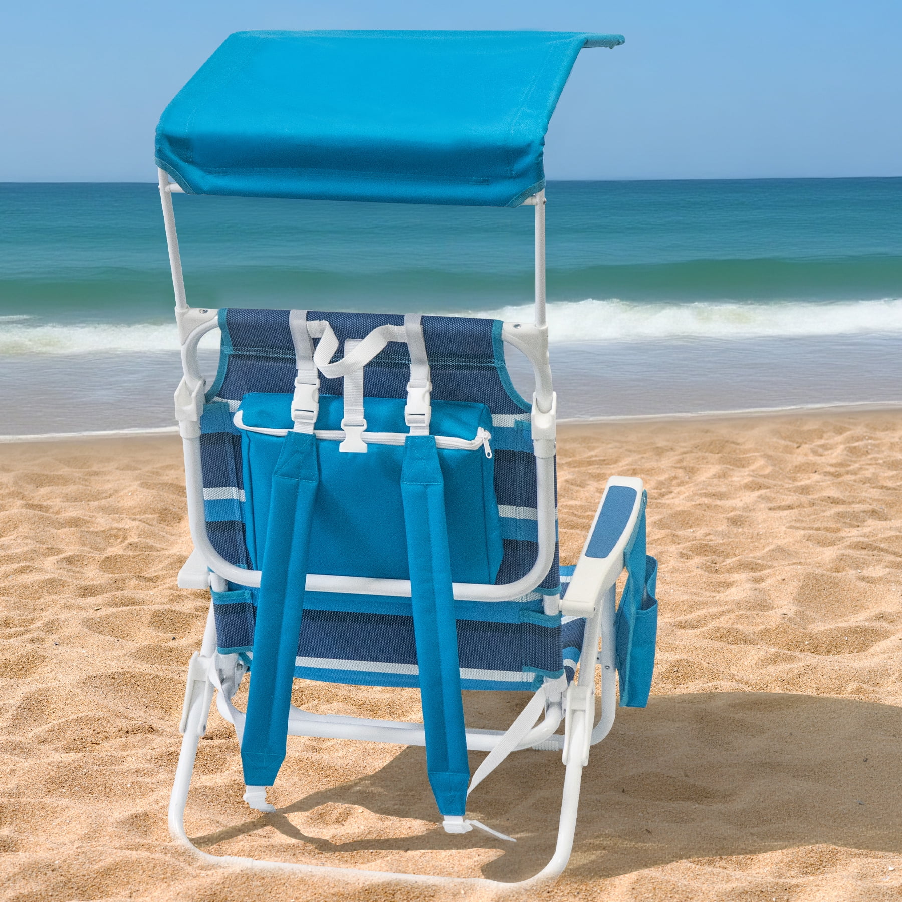 WILDYEE Double Camping Chair Heavy Duty Folding Loveseat with Sun Canopy and Cup Holders (Blue Stripe, 2 Pack) alb5d
