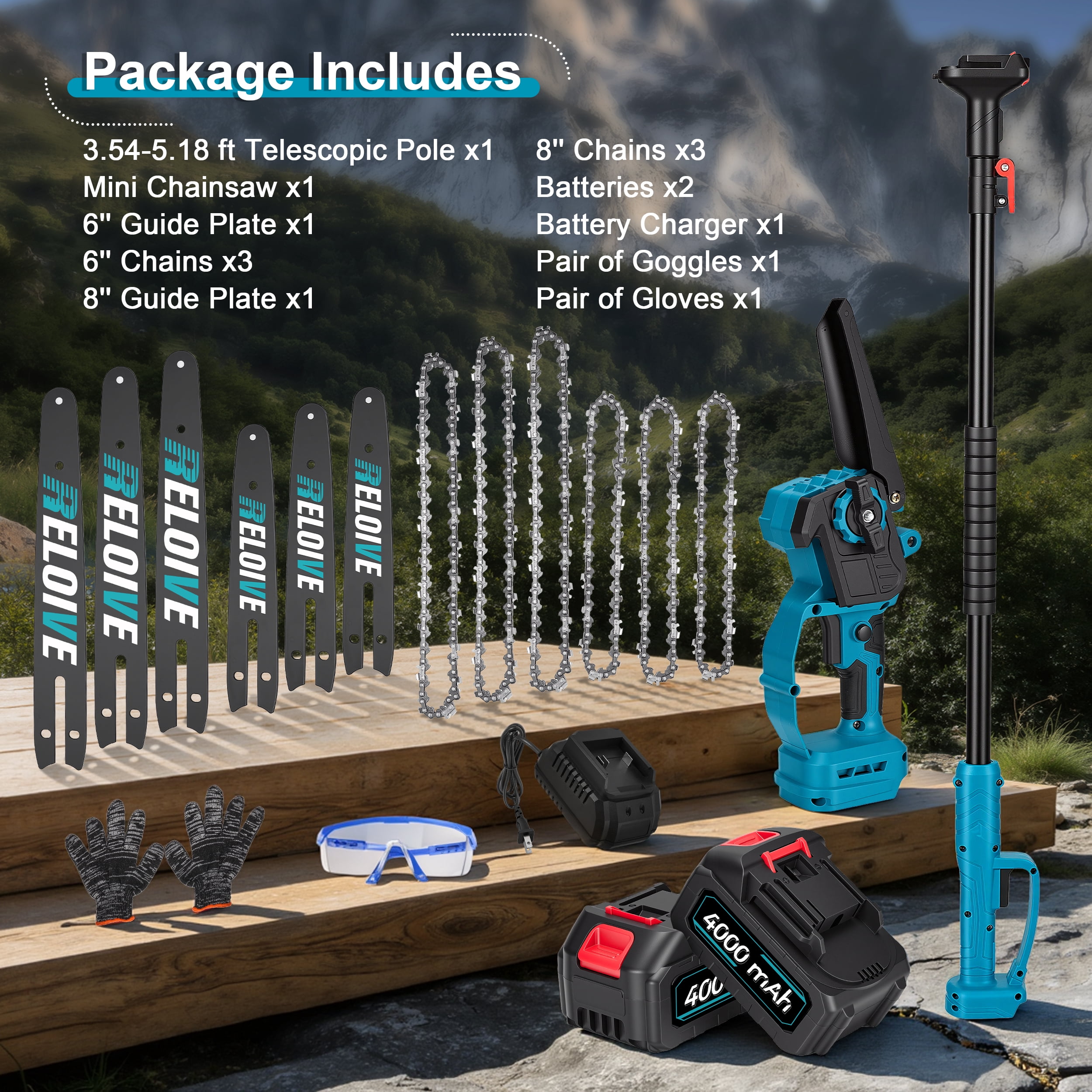 RELOIVE 3-in-1 Cordless Pole Saw and Mini Chainsaw Set, Telescoping Branch Cutter (4.9-6.8 ft, 2 Batteries) bfvpx