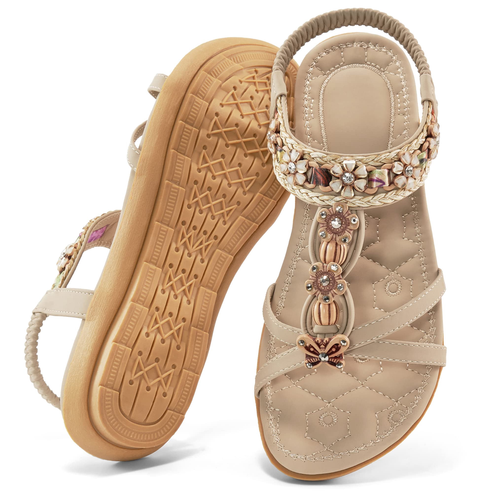 Ablanczoom Womens Beaded Flat Sandals Arch Support Comfortable Summer Beach Shoes (Beige, 8) 7wcki