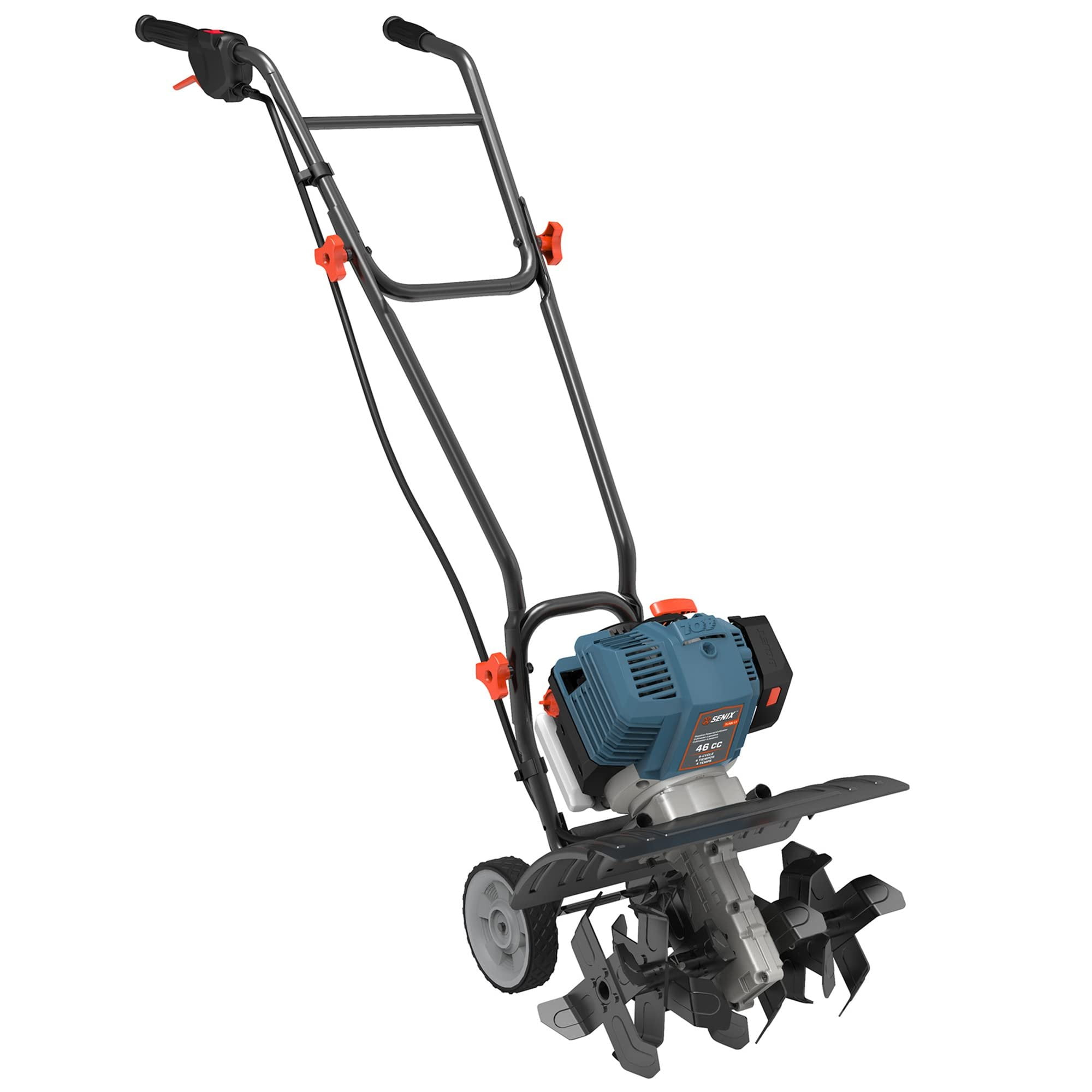 Senix 4QL Gas Tiller Cultivator (46cc 4-Cycle Engine, 6 Tines, 15 in Width, 8 in Depth, Blue) 7kuix