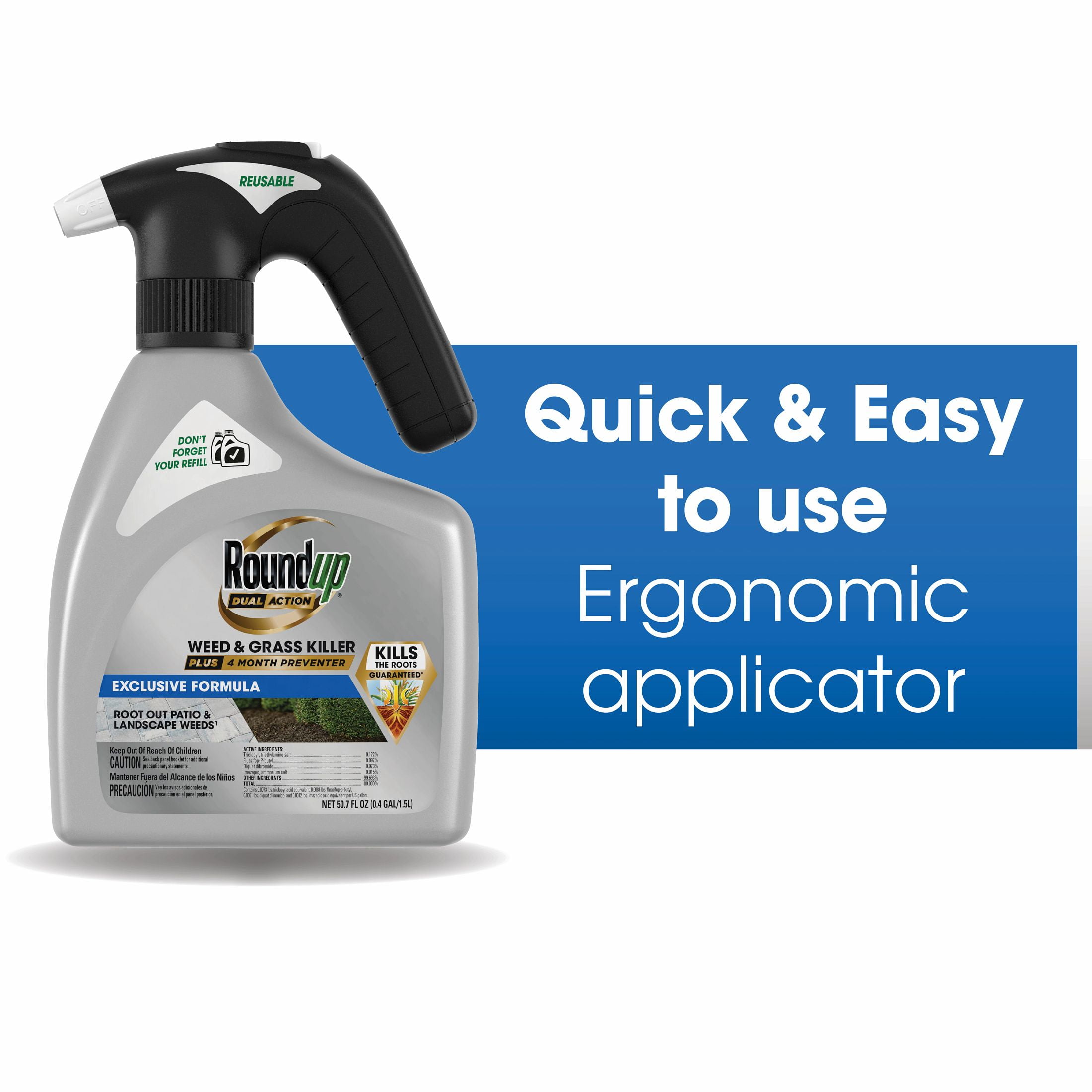 Roundup Dual Action Weed and Grass Killer Plus 4 Month Preventer with QuickHand Sprayer (50.7 fl oz) yrxaq