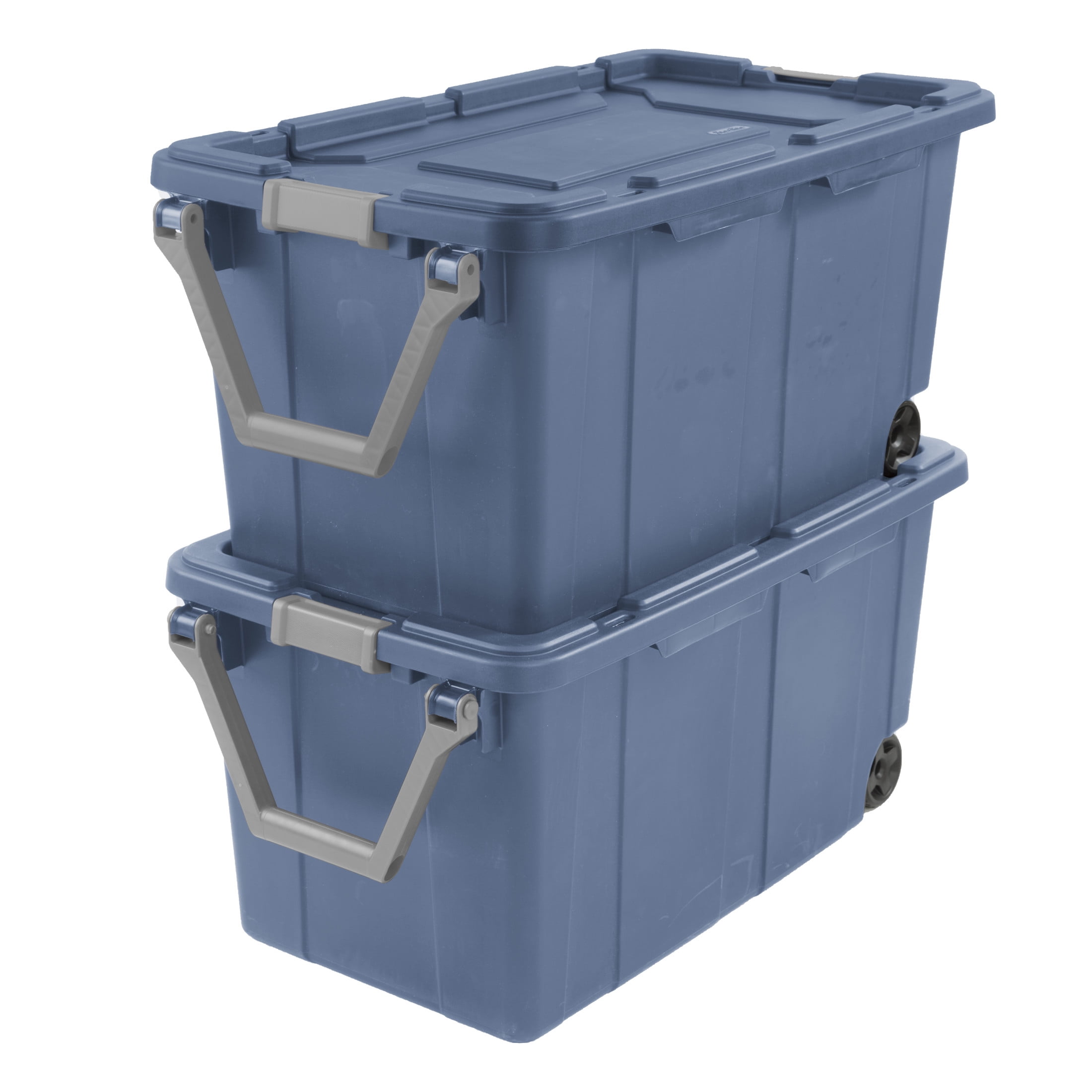 Sterilite Industrial Wheeled Storage Bin, Heavy-Duty Plastic Tote with Latching Lid and Pull Handle (Blue, 40 Gallon, 2 Pack) 1srgn