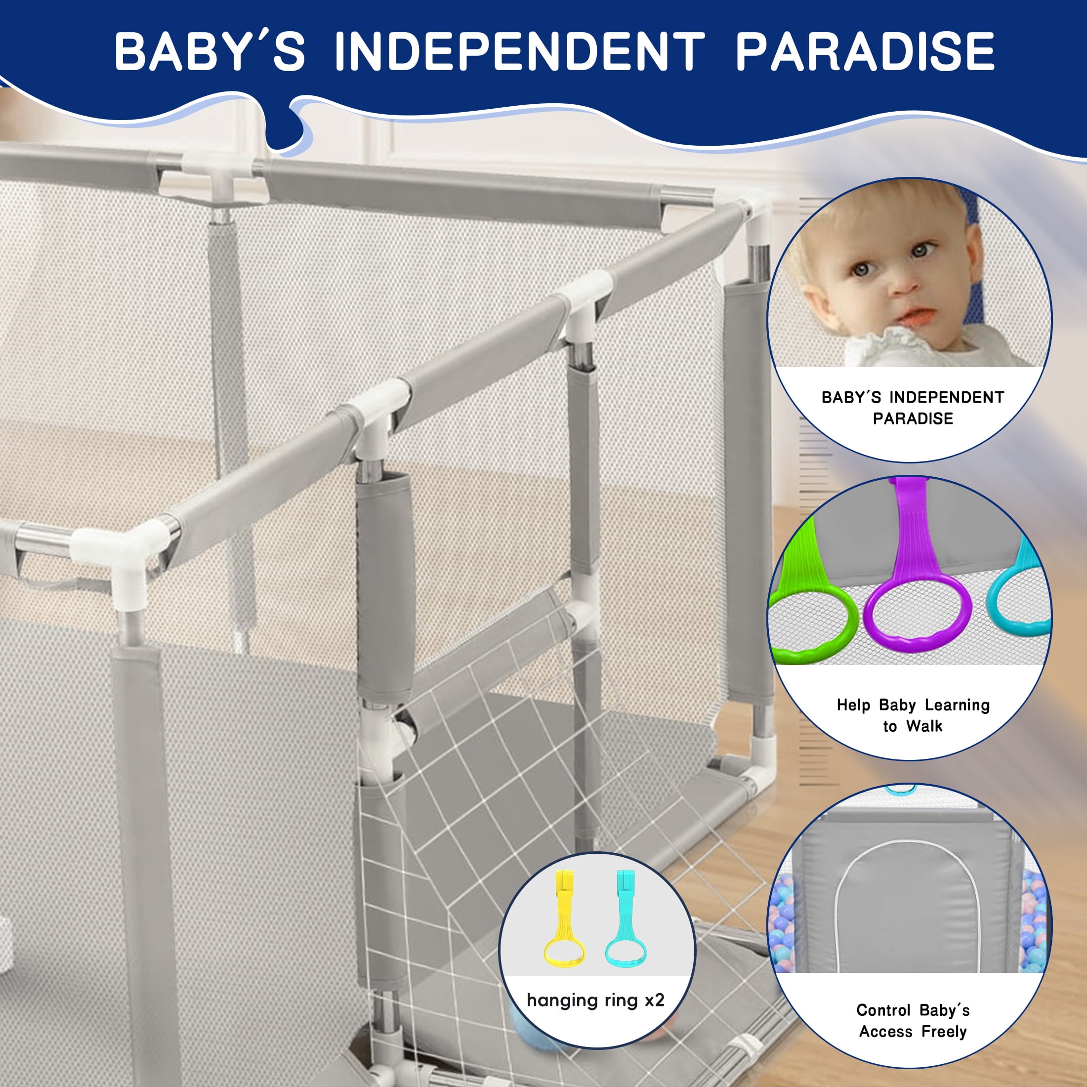 HioHa Extra Large Baby Playpen, Sturdy Indoor and Outdoor Safety Enclosure with Zippered Door (Grey, 71 in x 59 in) wt7wa