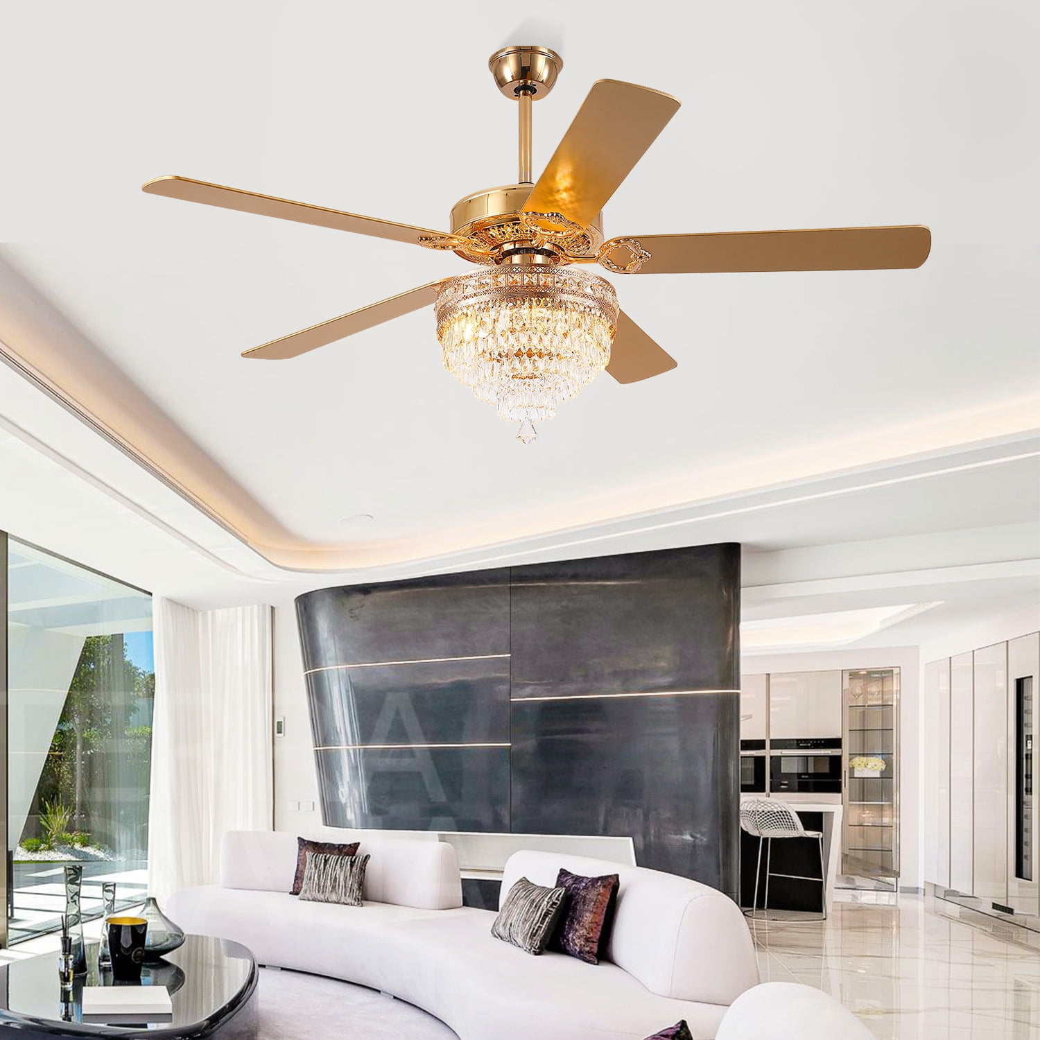 Yiosi 52 in Crystal Chandelier Ceiling Fan with Remote Control, 3-Speed AC Motor, Farmhouse Lighting for Living Room (Gold, 52 in) zuq47