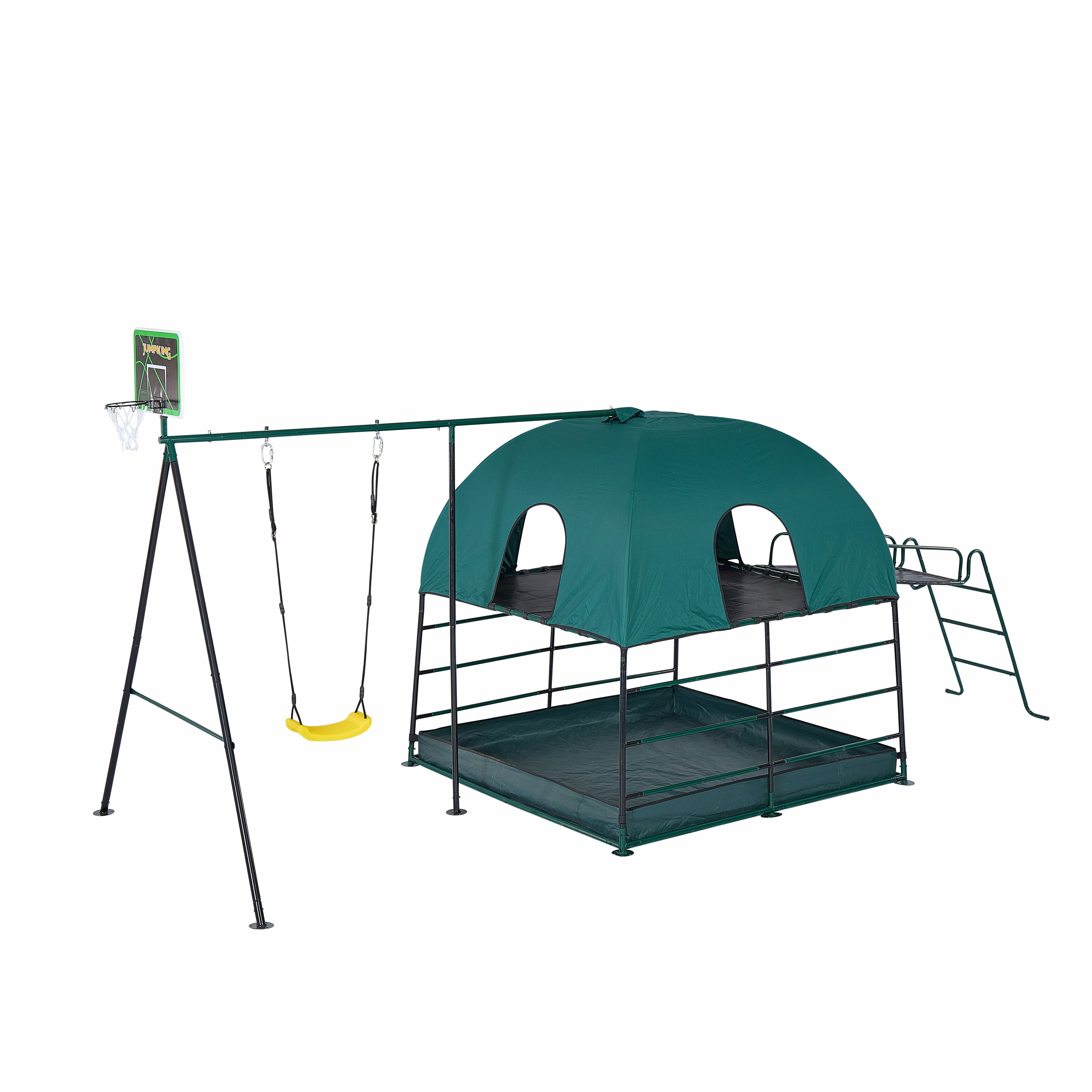 JumpKing Ultimate Adventure Playset, 5-Station Indoor & Outdoor Climbing Den with Swing and Basketball Hoop (Green) wqacy