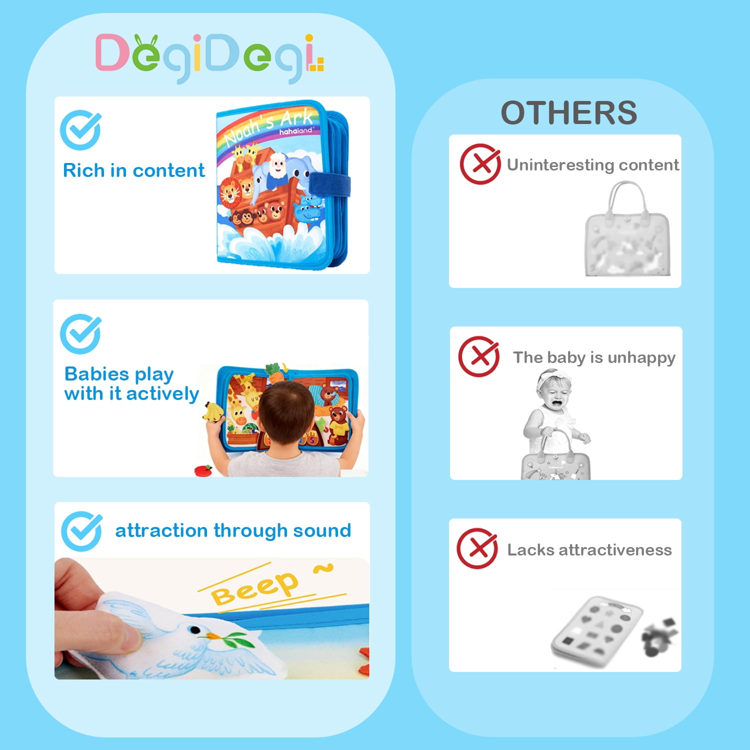 DEGIDEGI Montessori Busy Book, Interactive Felt Educational Activity Toy for Toddlers (Blue, 10 Pages) x74t1