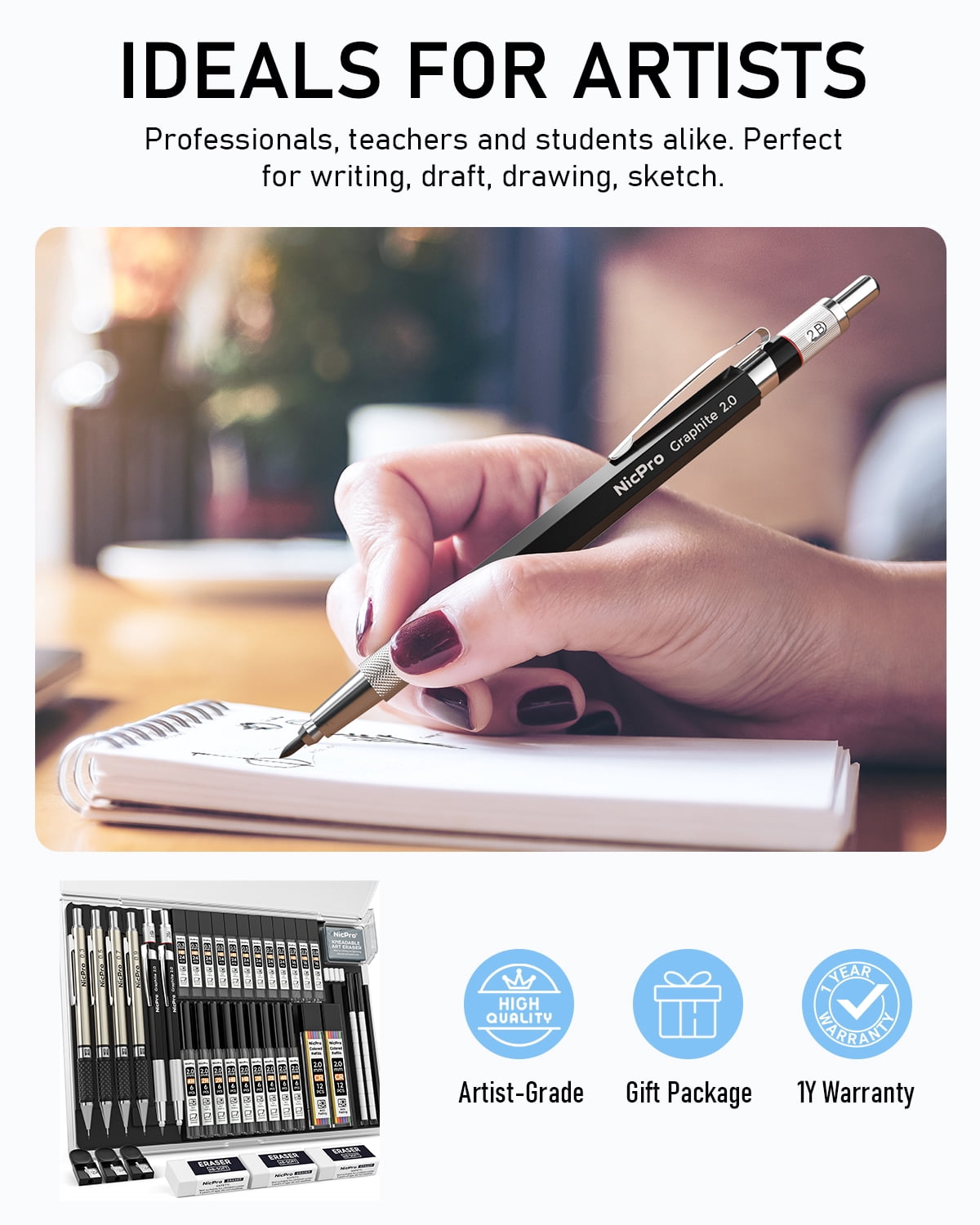 NicPro Mechanical Pencil Drafting Set with Lead Refills and Erasers (6-Piece Set) 7wyfv