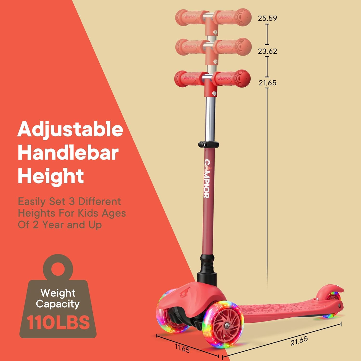 Campior 3-Wheel Kids Scooter with LED Light-Up Wheels, Adjustable Handlebar, Lean-to-Steer Design (Red, 27.56 in) ykivp