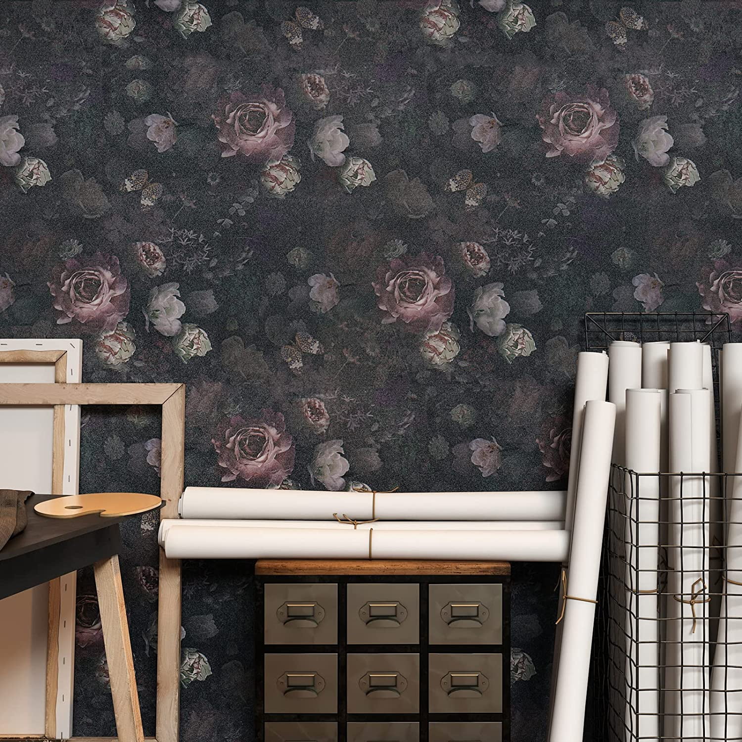 VEELIKE Vintage Dark Floral Peel and Stick Wallpaper, Boho Peony Removable Self-Adhesive Wall Decor (Black, 15.7 in x 118 in) l4nnh