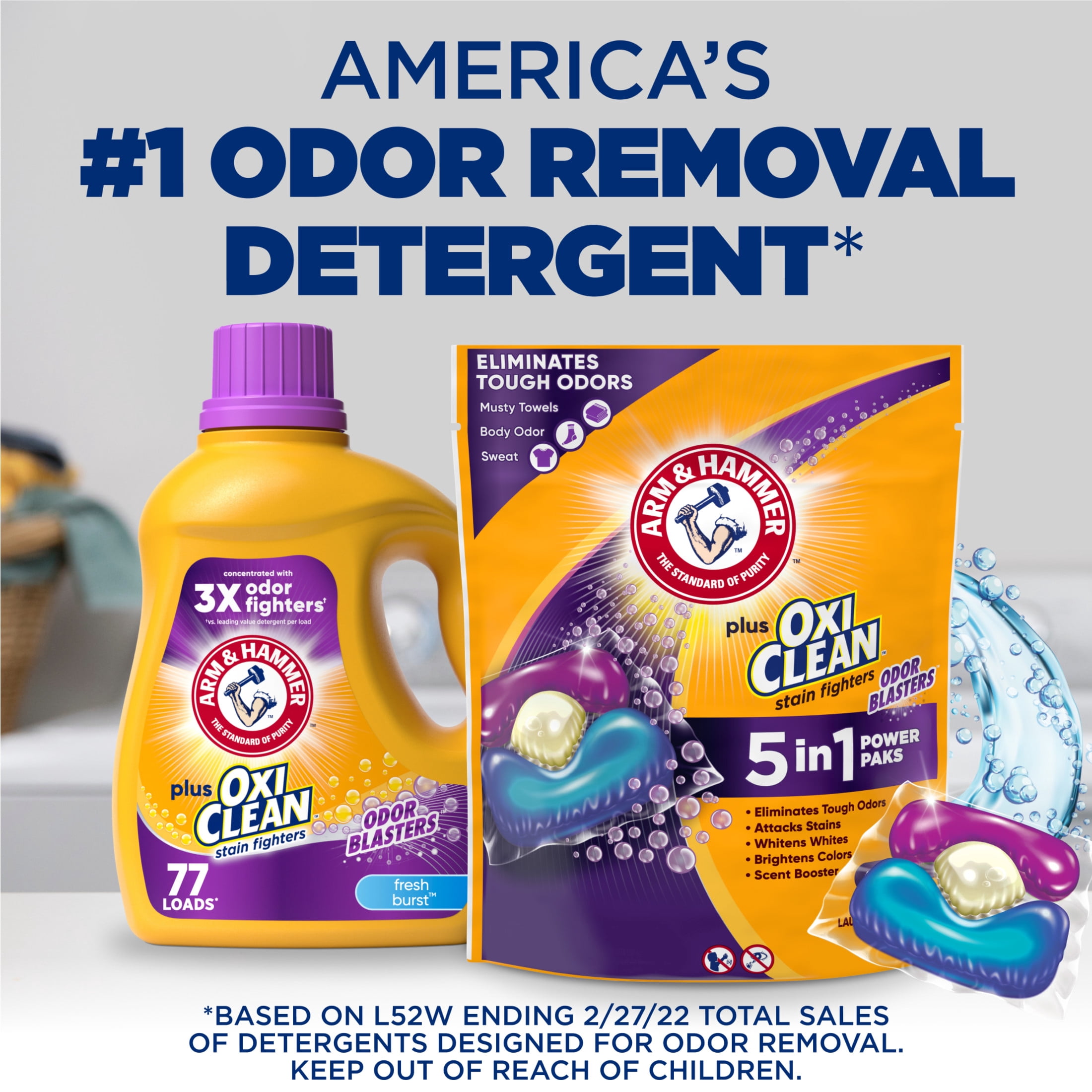 ARM & HAMMER Plus OxiClean Odor Blasters Laundry Detergent, 5-in-1 Power Paks (Fresh Burst, 72 Ct) 6bcvk