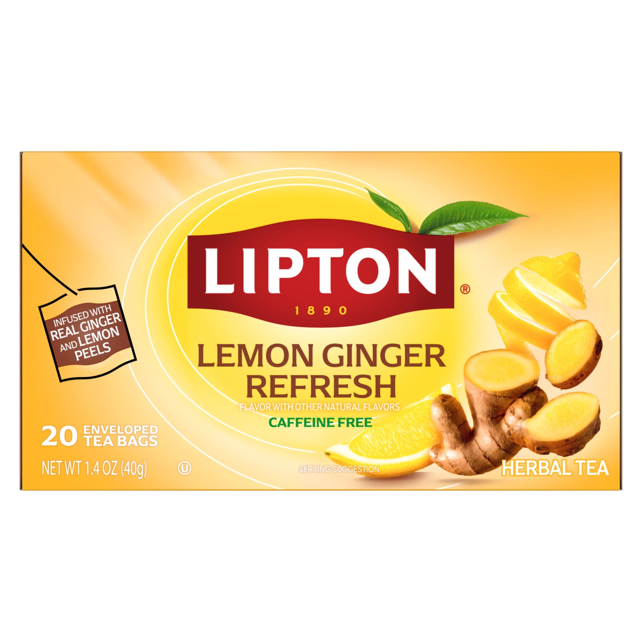 Lipton Lemon Ginger Refresh Herbal Tea, Caffeine Free, Fruit Infused (20 count, pack of 4) ecnmd