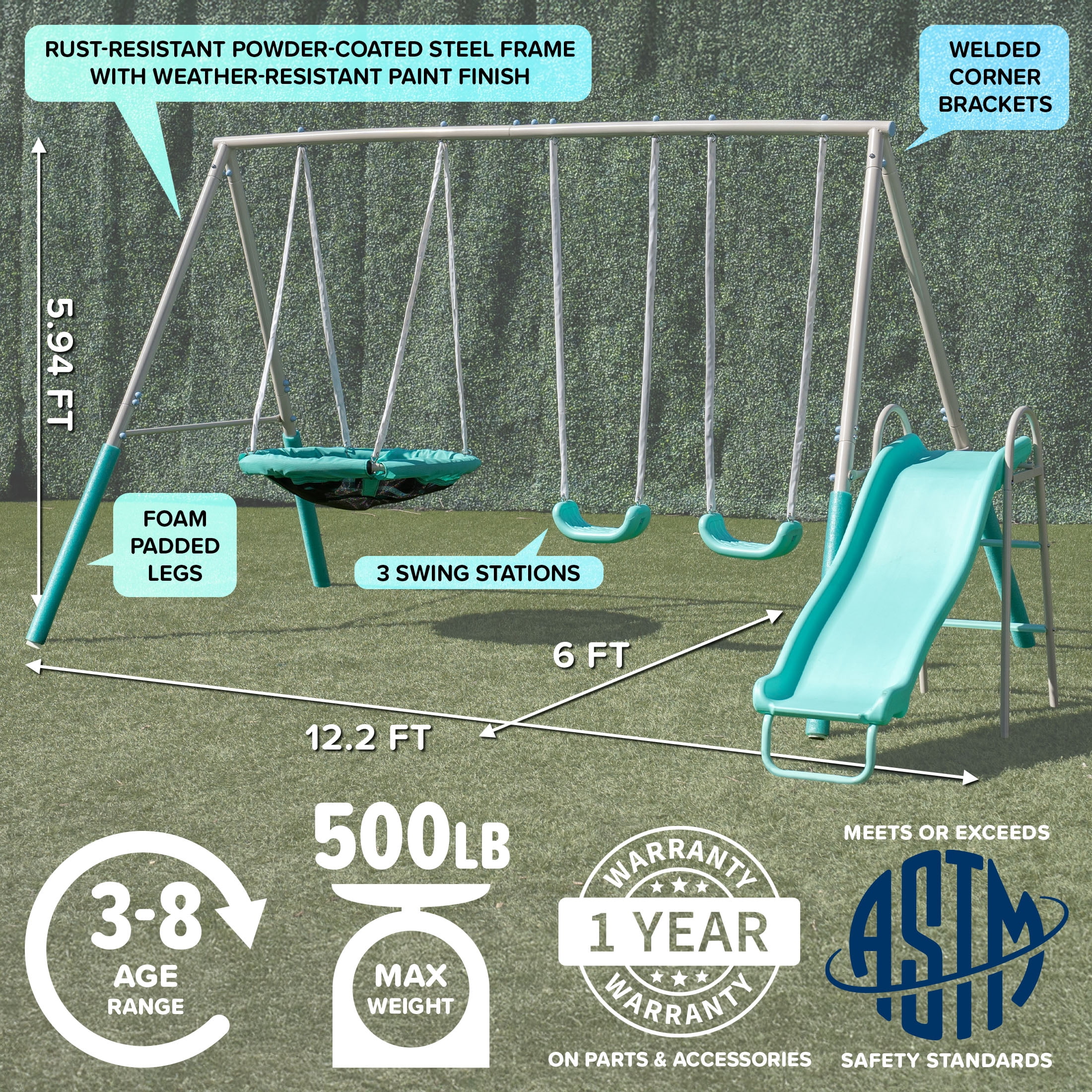 Sportspower Super Saucer Metal Swing Set with 2 Swings, Saucer Swing, and 5 ft Double Wall Slide (Multi-Color) zfbzf