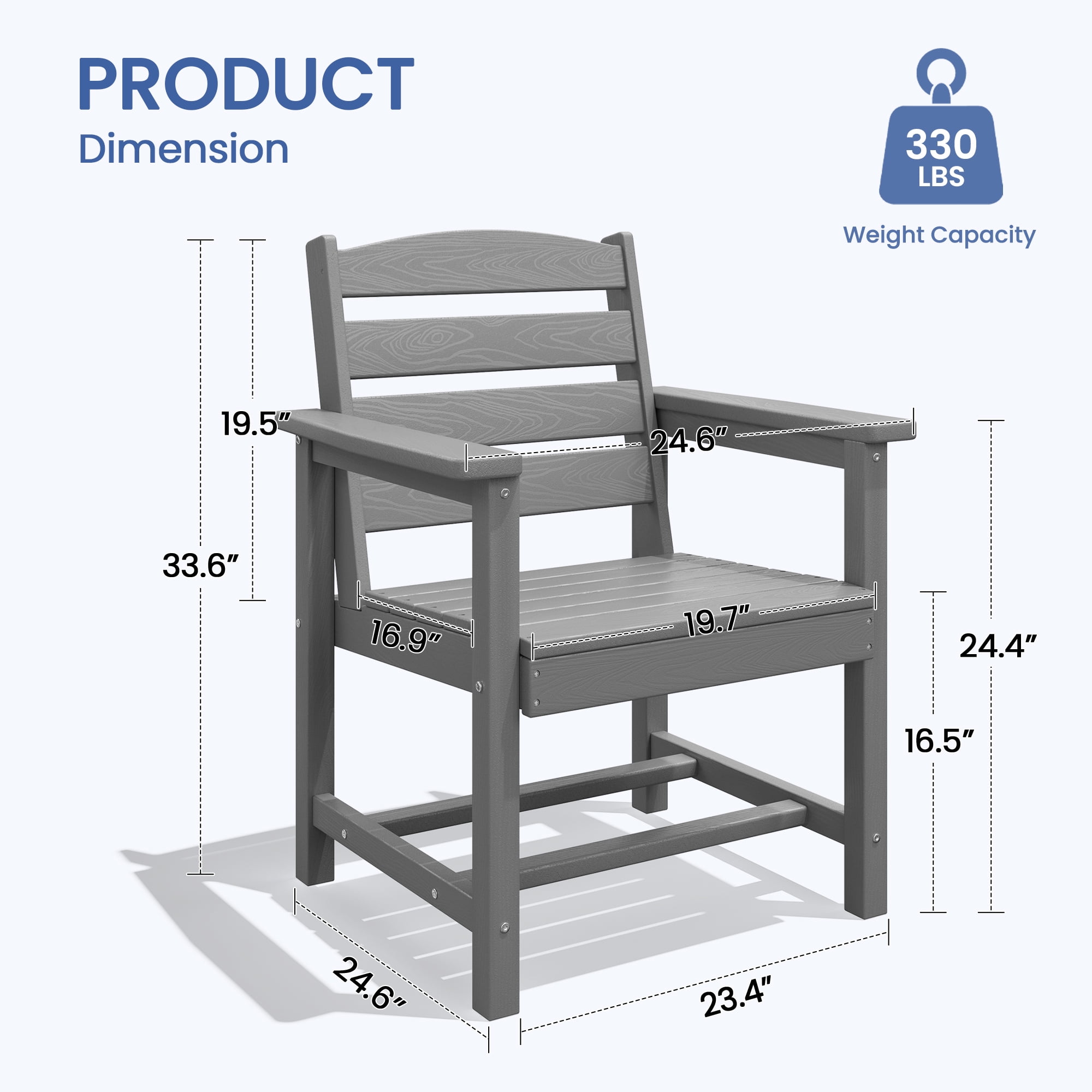 KINGYES All Weather Outdoor Dining Chairs, HDPE Oversized Patio Furniture (Gray, Set of 2) axlkx