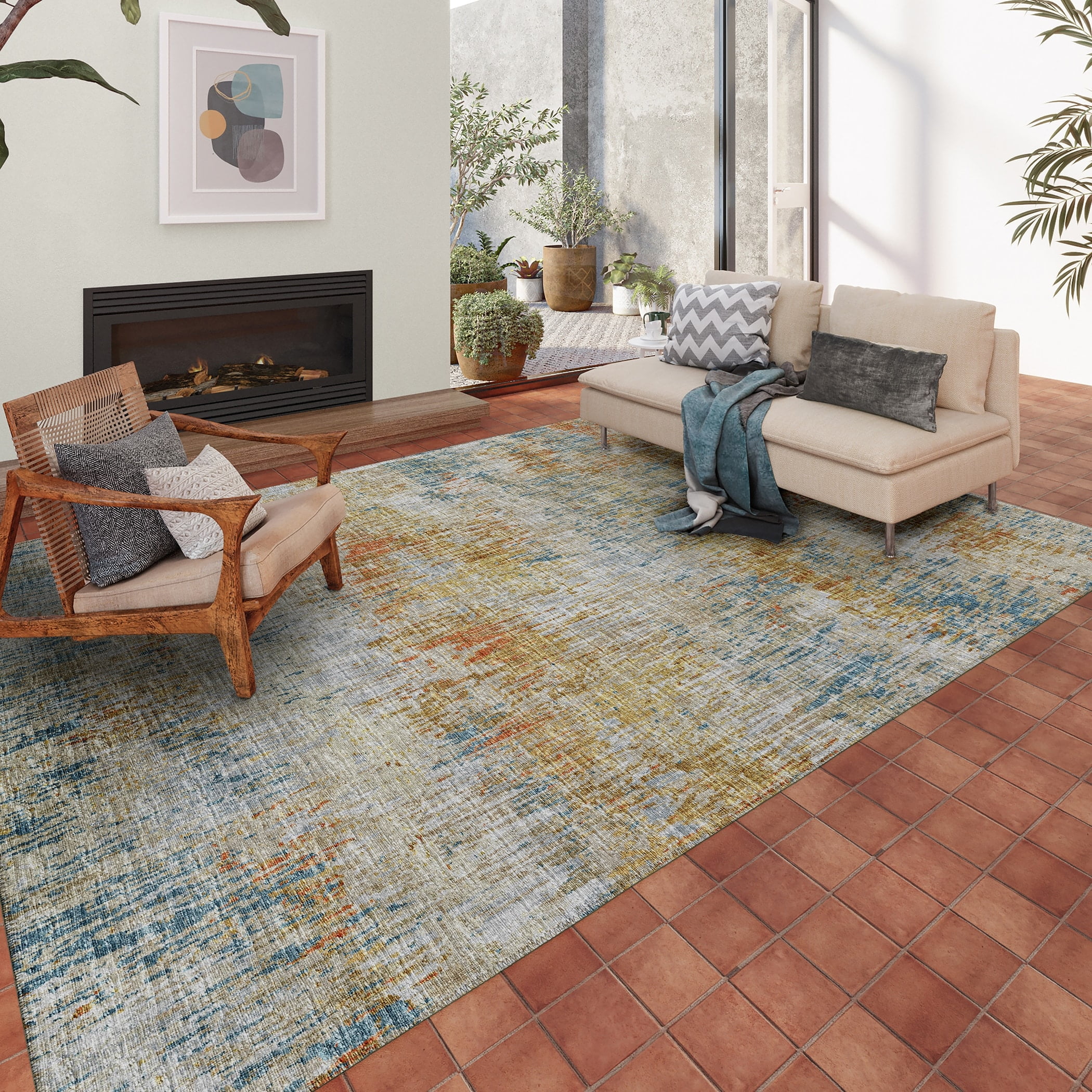 Addison Rugs Accord Modern Brushstrokes Indoor Outdoor Washable Area Rug (Gold, 3 ft x 5 ft) n4djv