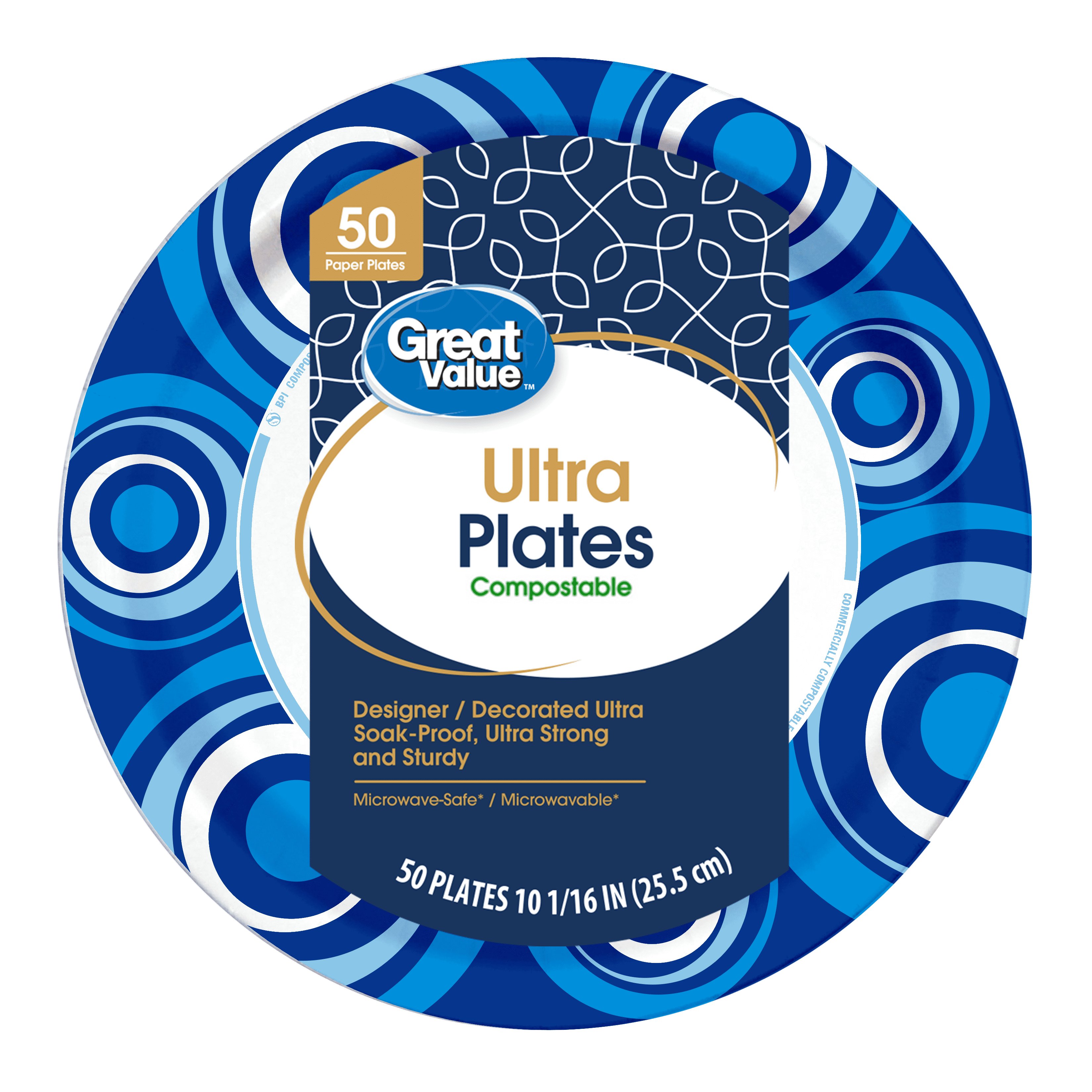 Great Value Ultra Disposable Paper Dinner Plates (White, 50 Count, 10 in) 8552e
