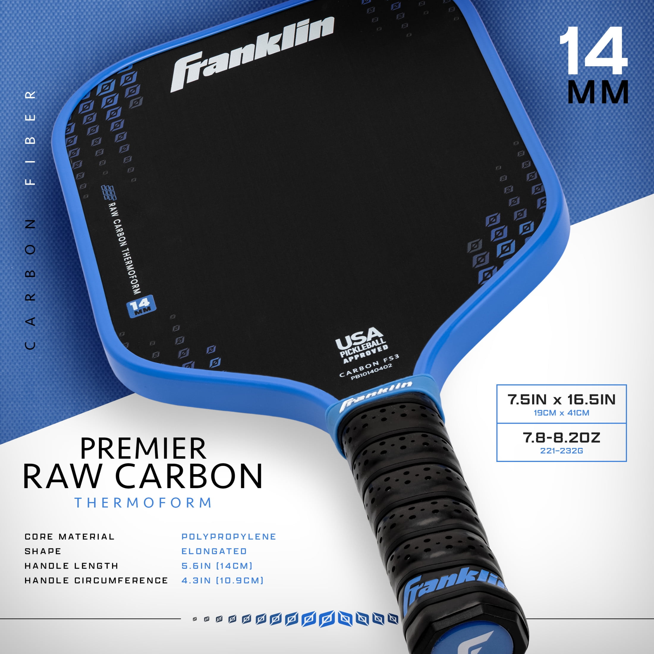 Franklin Sports Pro Pickleball Paddle, Carbon Fiber Surface, USAP Approved (Black/Blue, 8 oz) 0dkxd