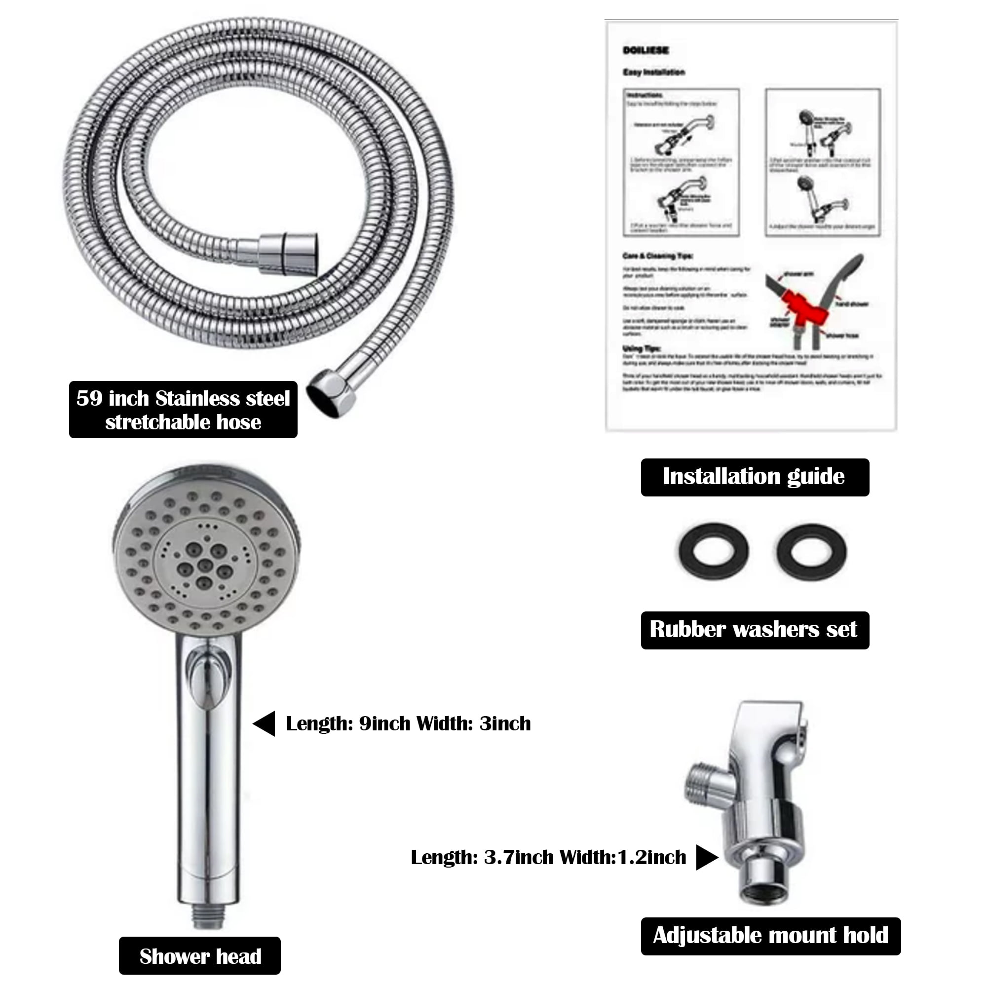 SUPTREE High Pressure Handheld Shower Head with 59 in Stainless Steel Hose (Silver) zkypa