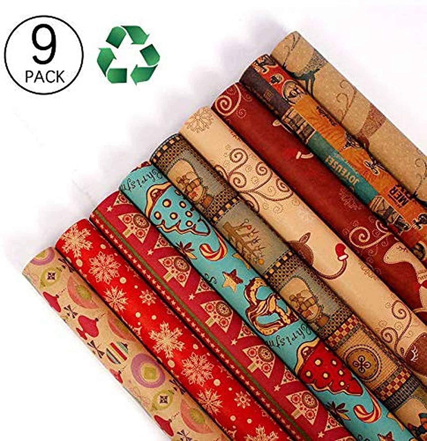 BEEPRINCESS Christmas Wrapping Paper Set, Holiday Kraft Gift Wrap with Festive Designs (9-Sheets, 30 in x 20 in) gzhwt