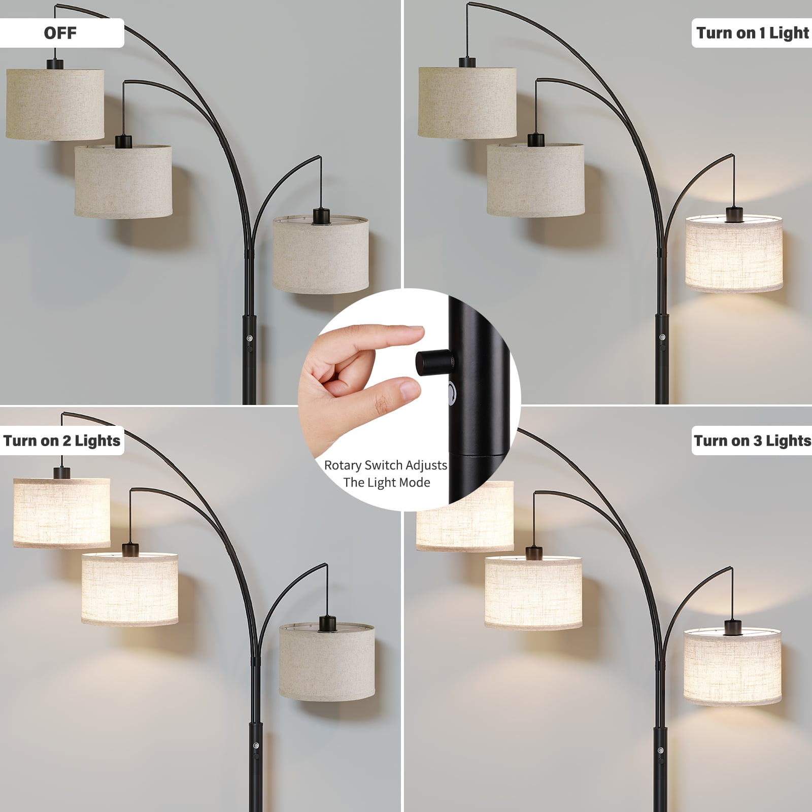 SUNMORY 3-Light Arc Floor Lamp, Modern Standing Tree Lamp with Hanging Drum Shades and Heavy Base (Black, 78 in) lv86l