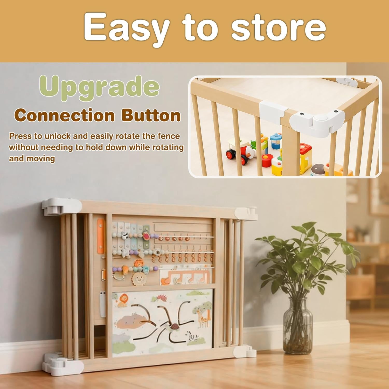PRVAETU Foldable Wooden Baby Playpen with Gate and Activity Boards (Brown, 63 in x 63 in x 24 in) h9gxi
