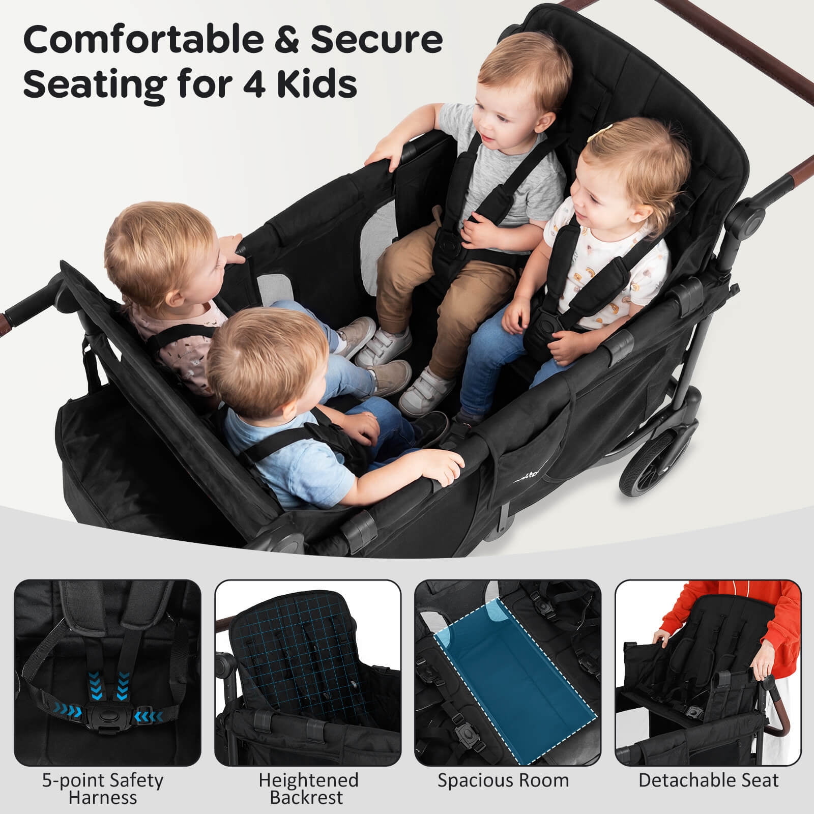 Costway 4-Seater Wagon Stroller, Foldable Push-Pull Toddler Stroller with Removable Canopy (Black, 4-Seater) 0d9fk