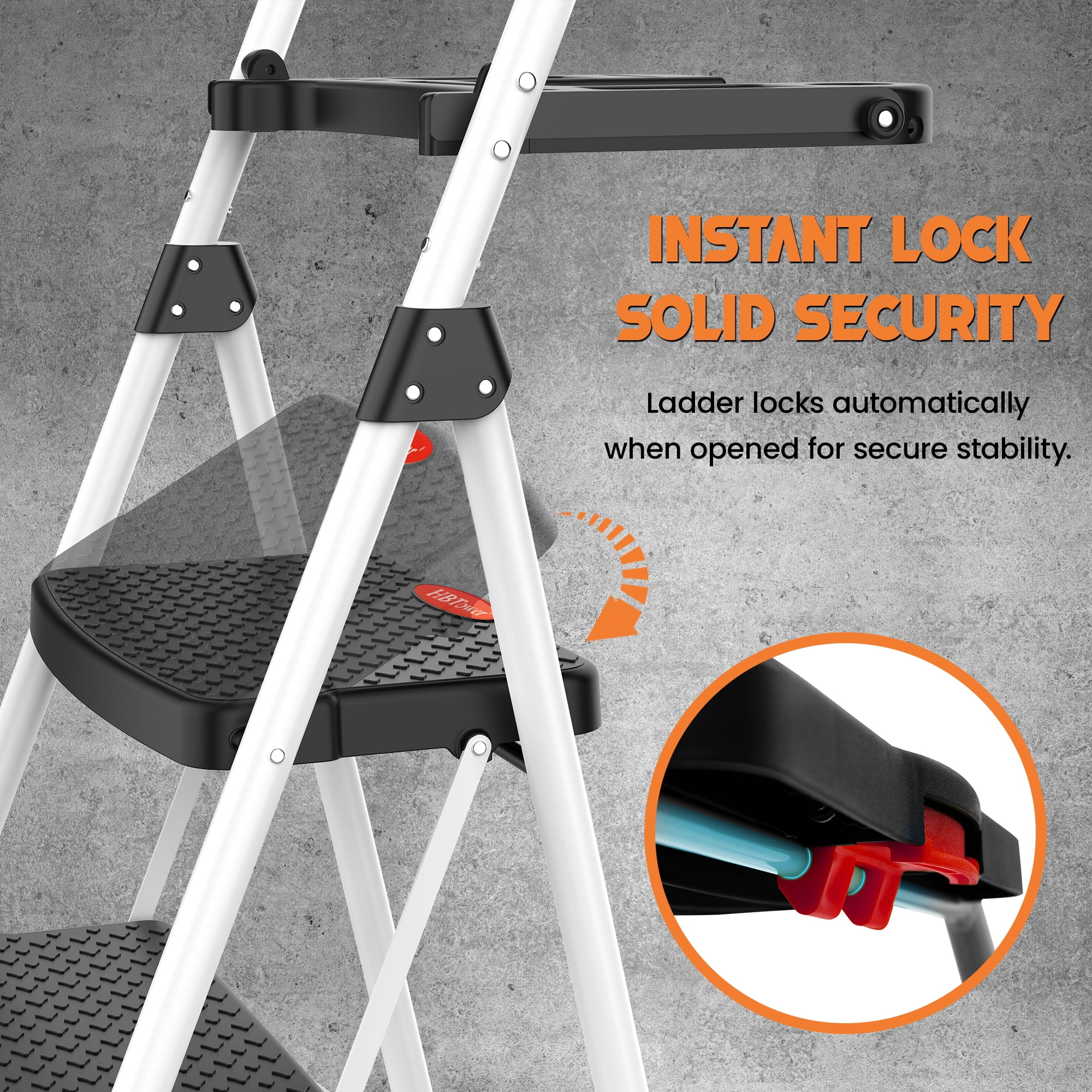 HBTower 4-Step Folding Ladder with Tool Tray and Anti-Slip Pedals (White, 330 lb Capacity) uzmnt