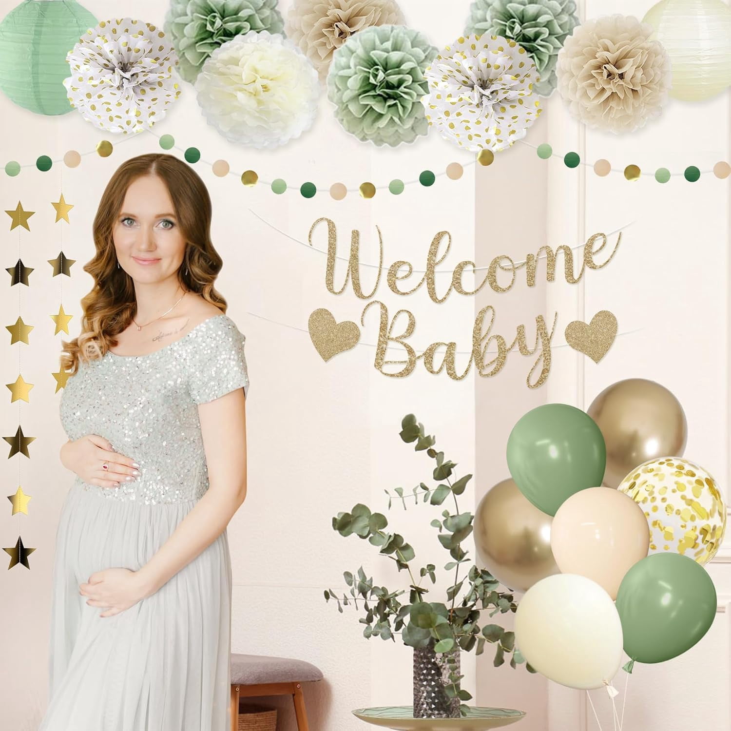 Song Yu Sage Green Baby Shower Decorations Set (Neutral Party Supplies, 50-Piece Kit) 60hrx