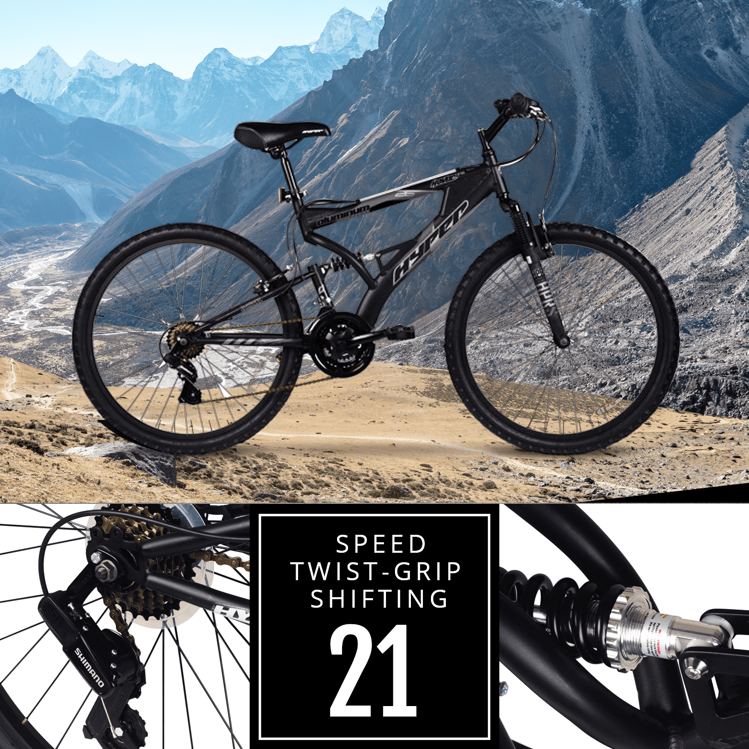 Hyper Bicycles Havoc Mountain Bike, Dual Suspension, 21-Speed, (Black, 26 in) bx6m3